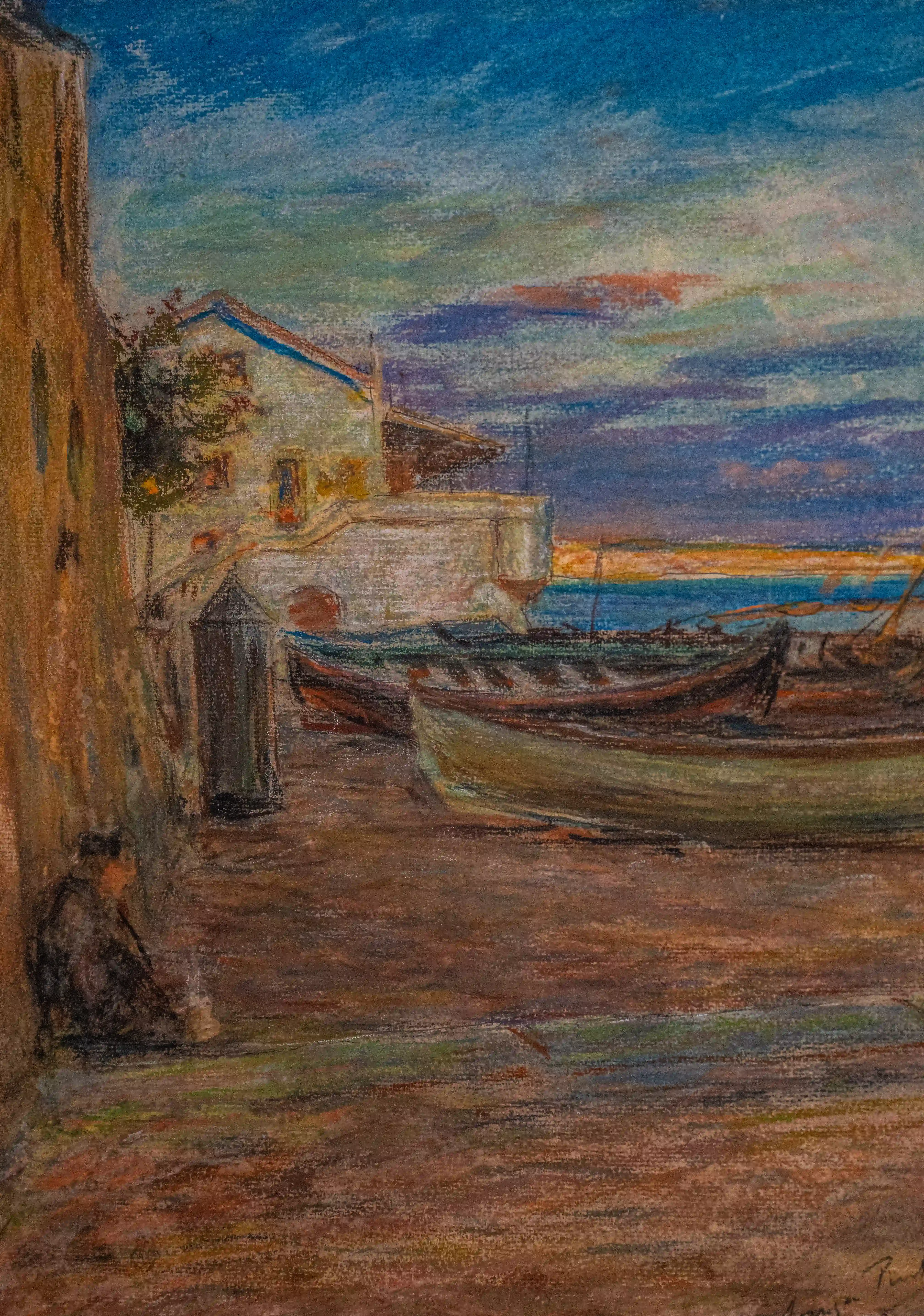 A pastel painting of a coastal village at sunset or sunrise. Several fishing boats are resting on the shore in front of white-washed buildings. The sky is a blend of deep blue and warm orange hues. A person sits alone on the left, looking out at the scene.