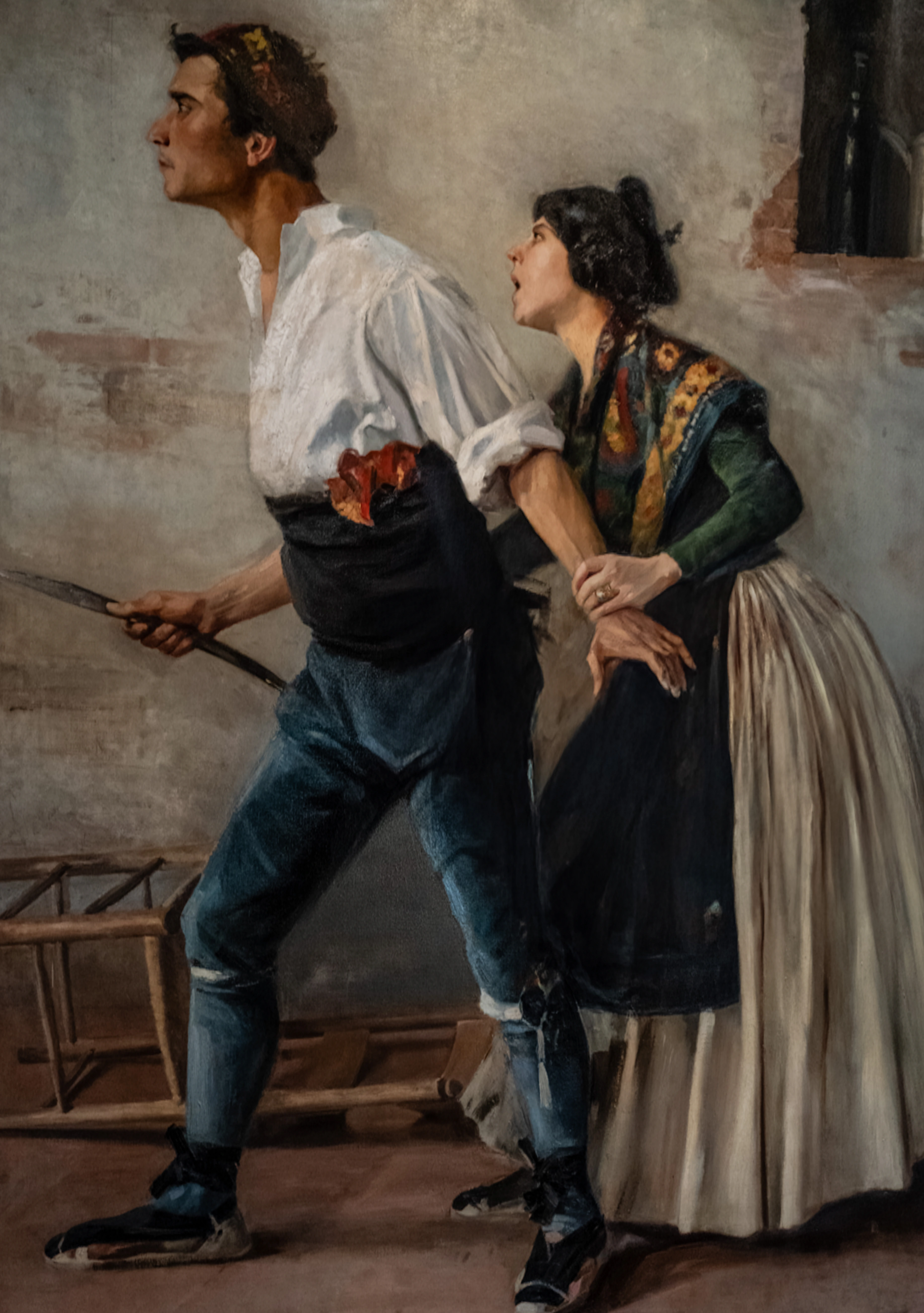 A painting depicting a man with a weapon being held back by a woman in a rustic interior.