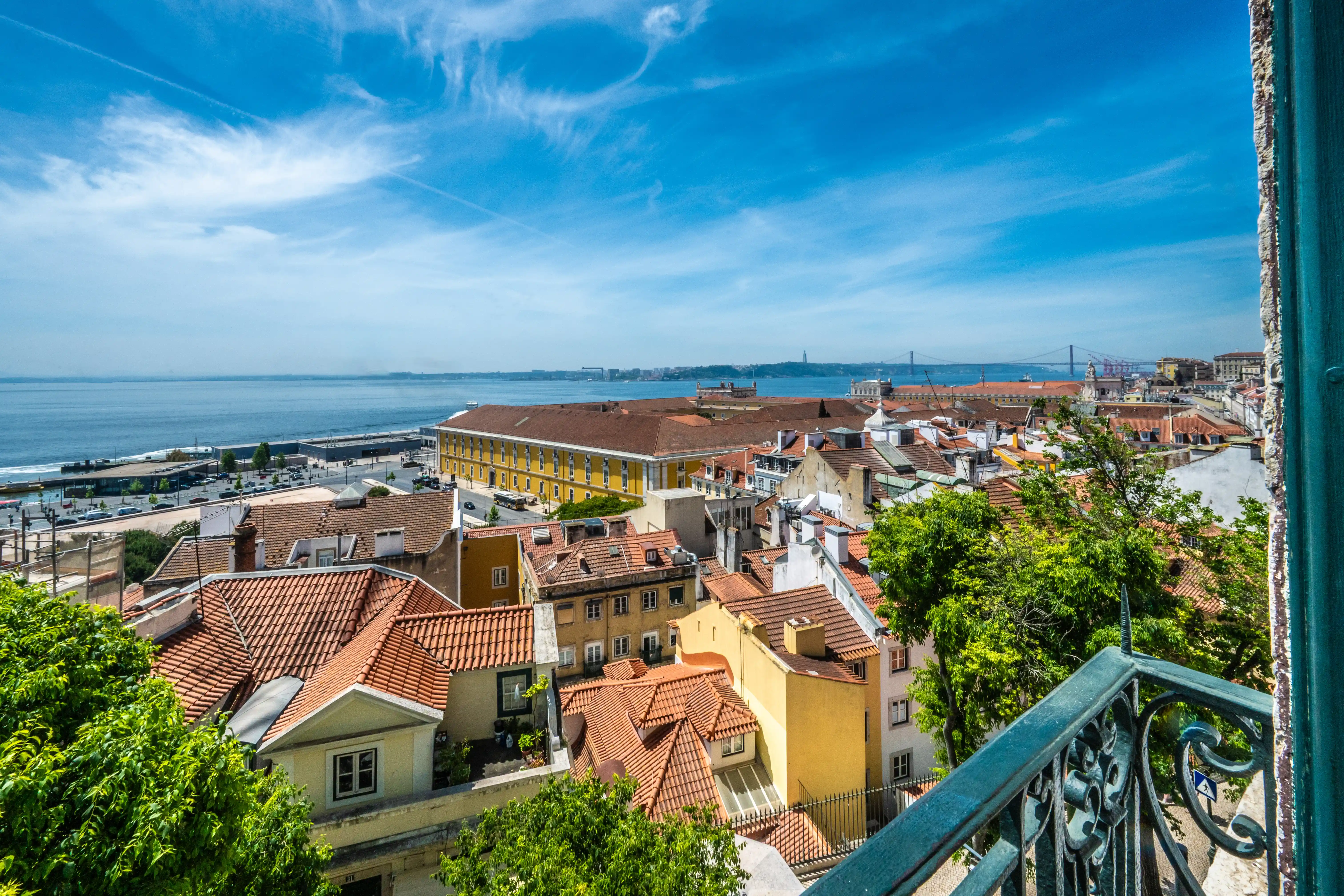 A scenic vista of red-tiled rooftops in Lisbon, Portugal, with the Tagus River and a distant bridge under a clear blue sky.