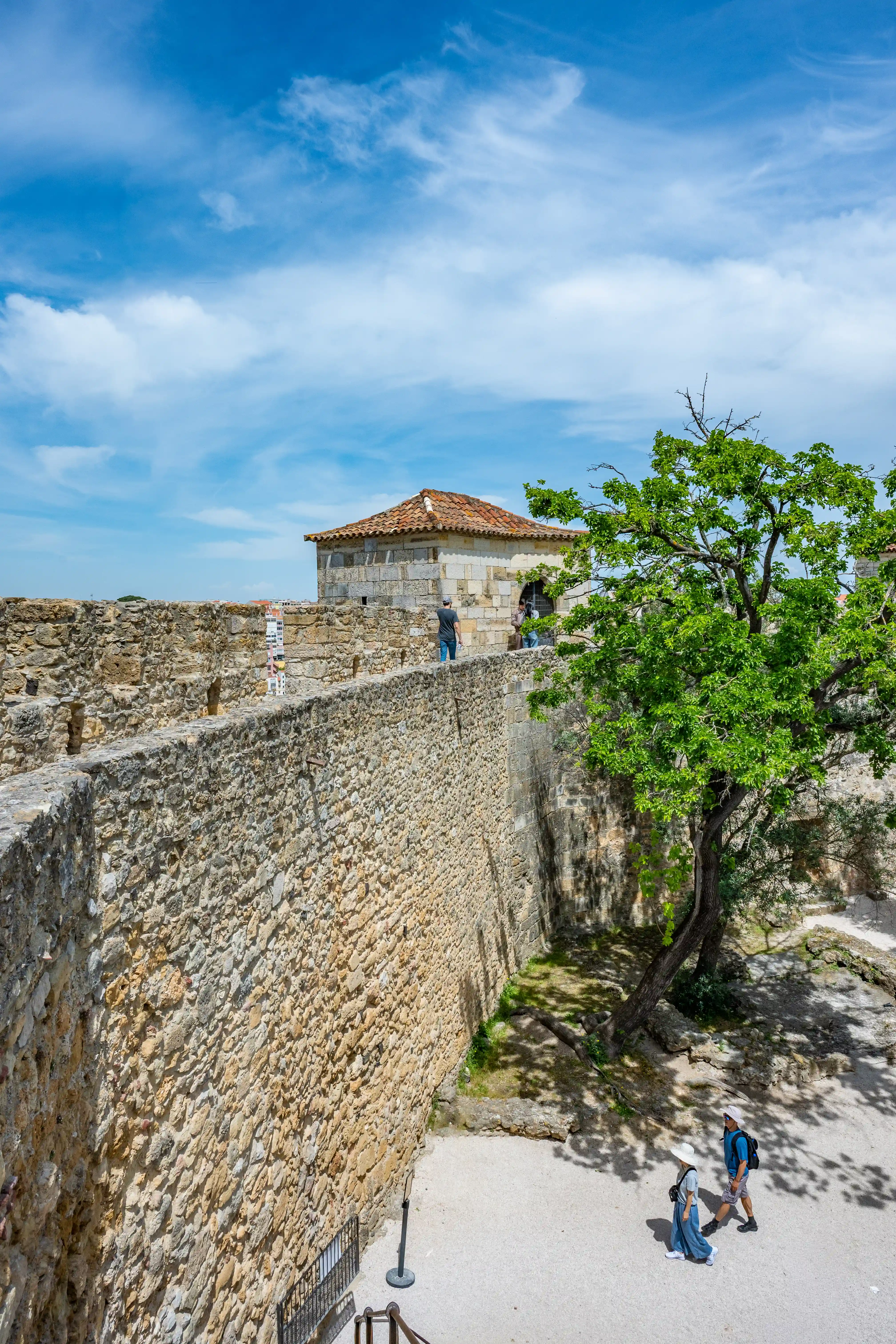 A wide shot showing the textured stone walls of a historic castle under a partly cloudy blue sky. Several individuals are visible, some walking along the parapet and others in the gravelled area below, where a mature tree casts dappled shadows.