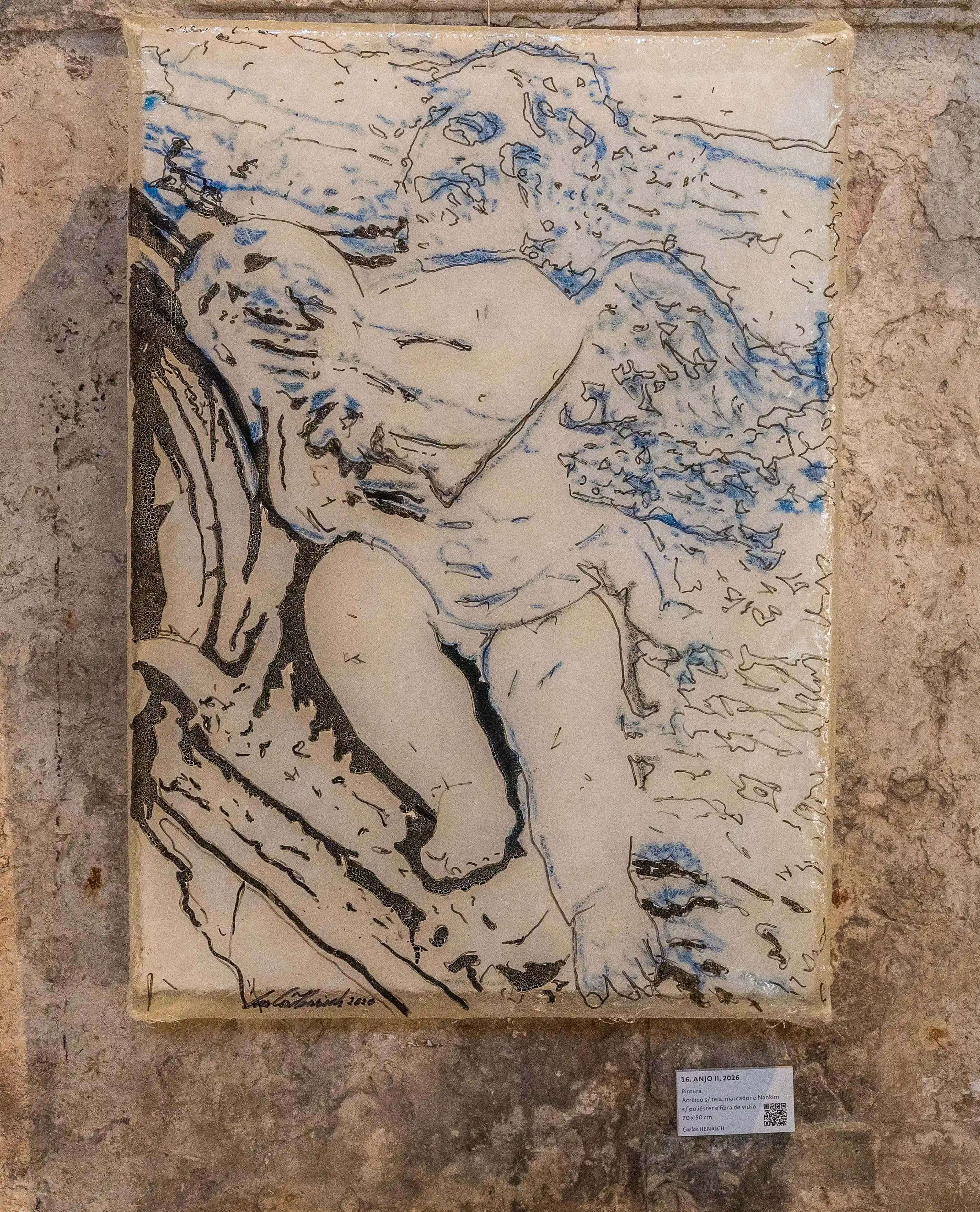 A drawing of a putto in black and blue ink on a white background, hanging on a weathered stone wall with architectural mouldings.