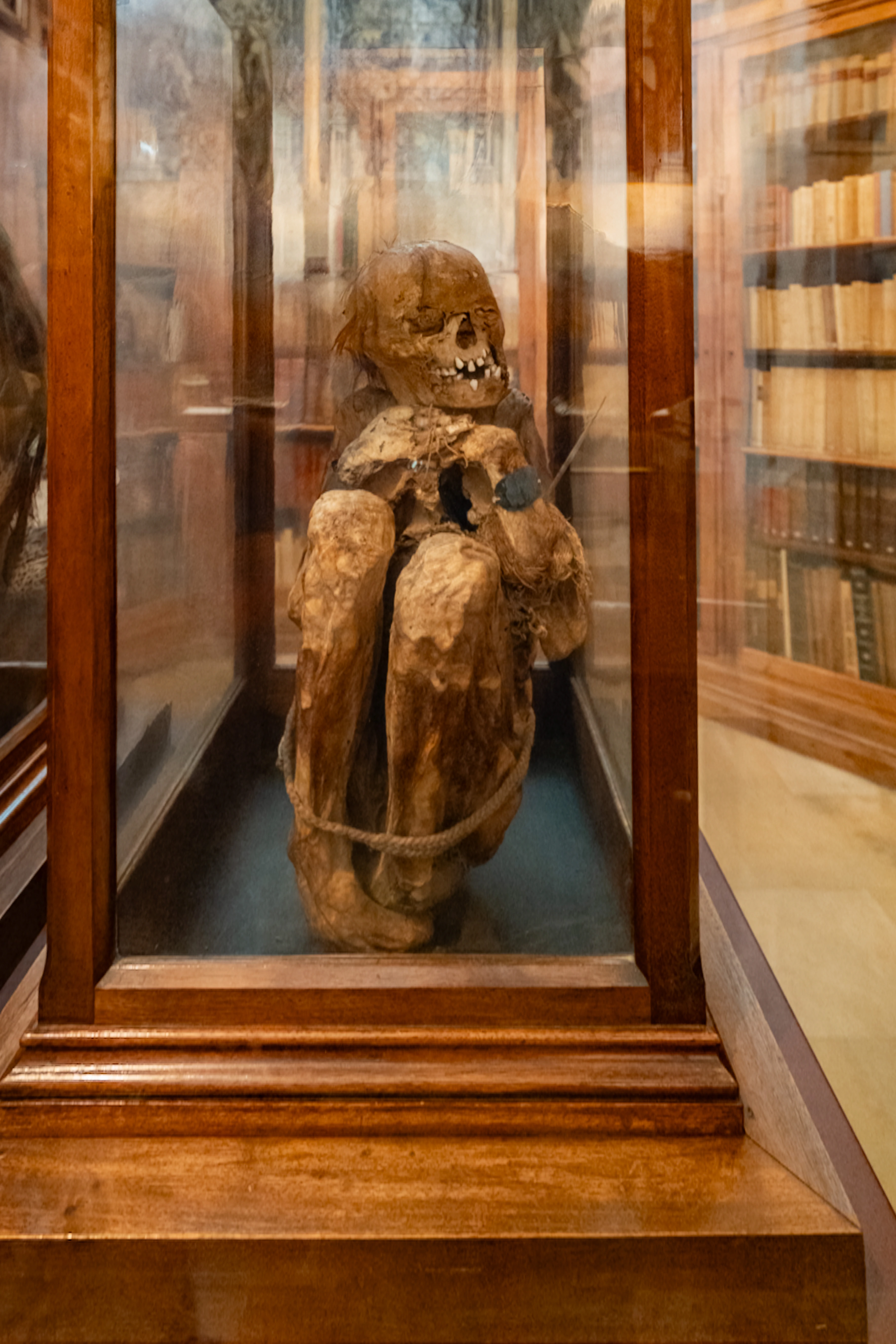 A mummified human body, curled in a seated position and bound with rope, is housed in a glass display case. The mummy's skull, with its teeth bared, is the focal point. Behind the case, bookshelves filled with aged books are visible, hinting at a historical or academic context.