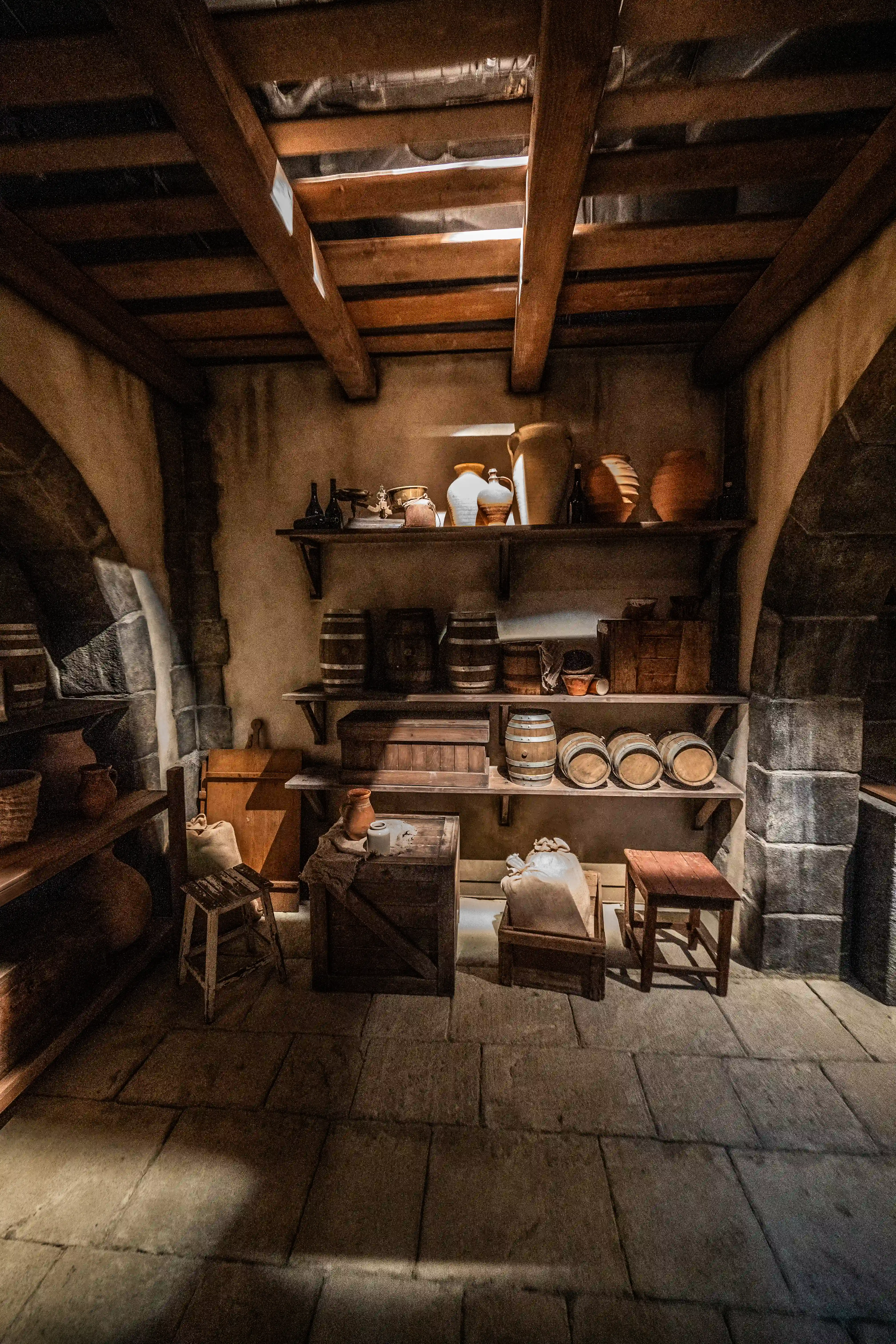 A dimly lit storage room with wooden shelves containing various items such as pottery, bottles, and barrels. Sunlight streams through a wooden ceiling, casting strong shadows on the stone floor and stone arched wall.