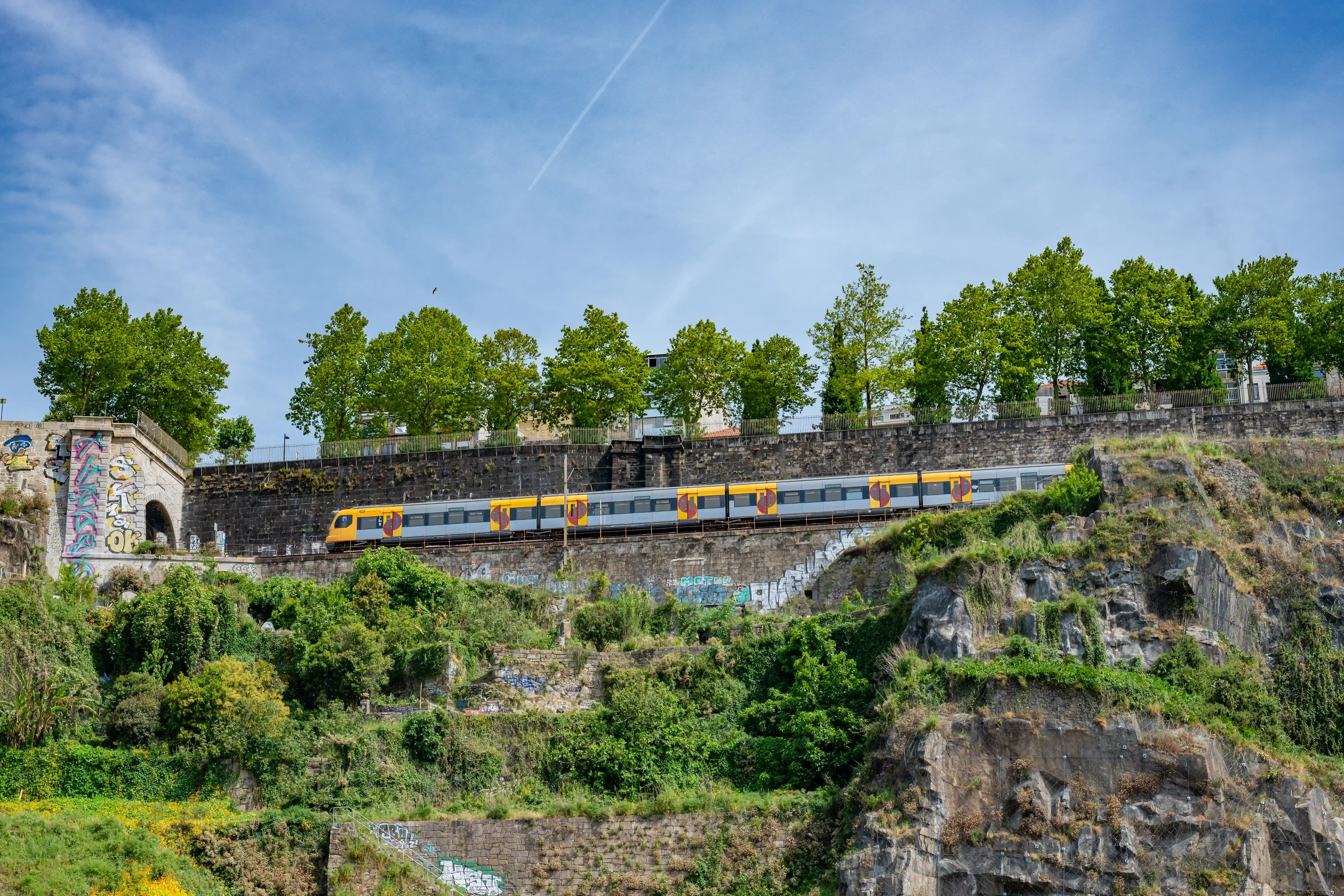 A yellow and grey train on a track running along a steep, overgrown embankment with trees at the top, under a blue sky.