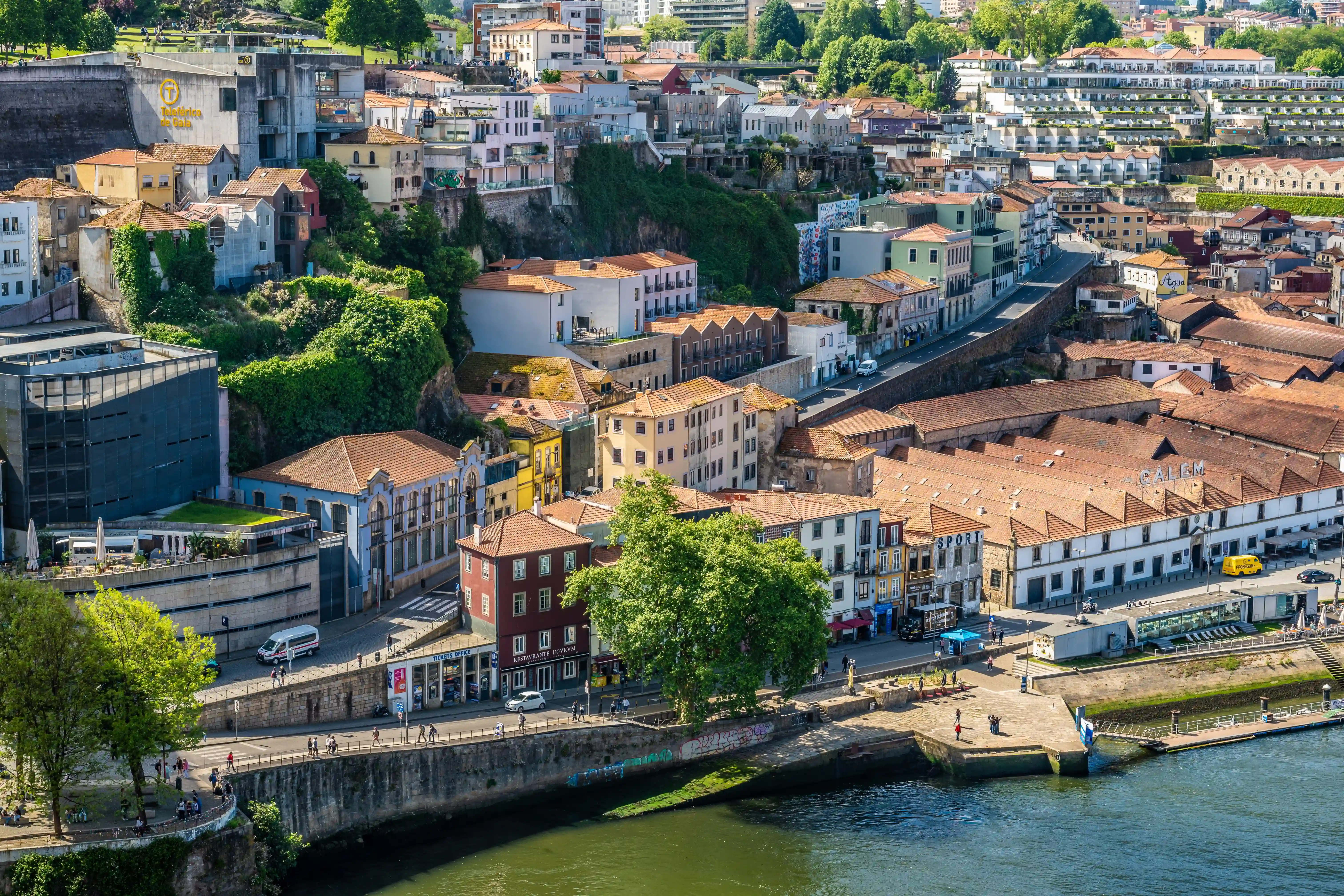 Elevated, wide-angle shot of the colourful, densely packed buildings of Porto's Ribeira district, with terracotta roofs and green hillsides, overlooking the Douro River.