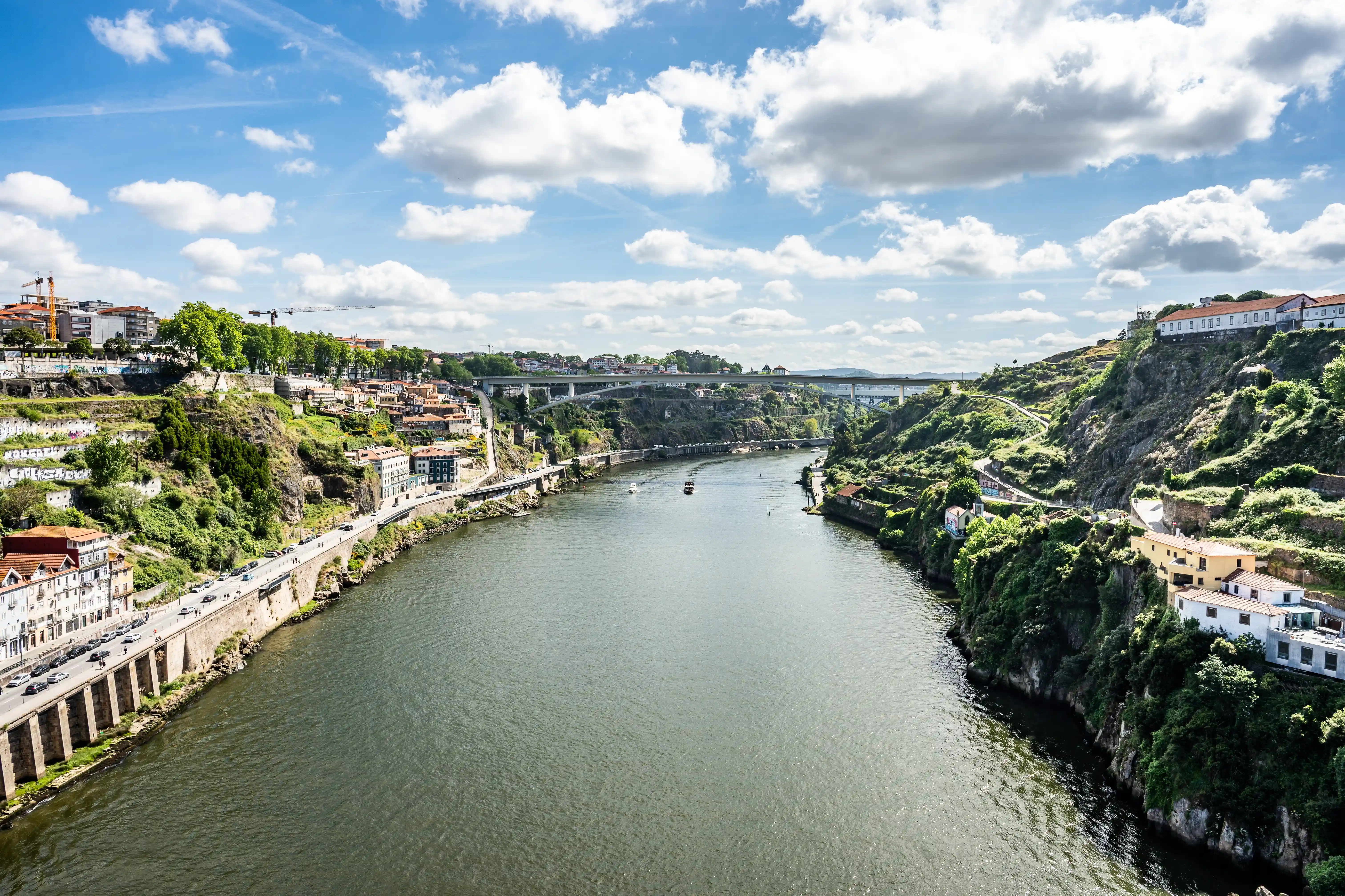 Wide shot of the Douro River flowing through Porto, Portugal, with buildings nestled on steep, green hillsides on either side. Several bridges are visible in the background, and a road with cars runs along the riverside in the foreground.