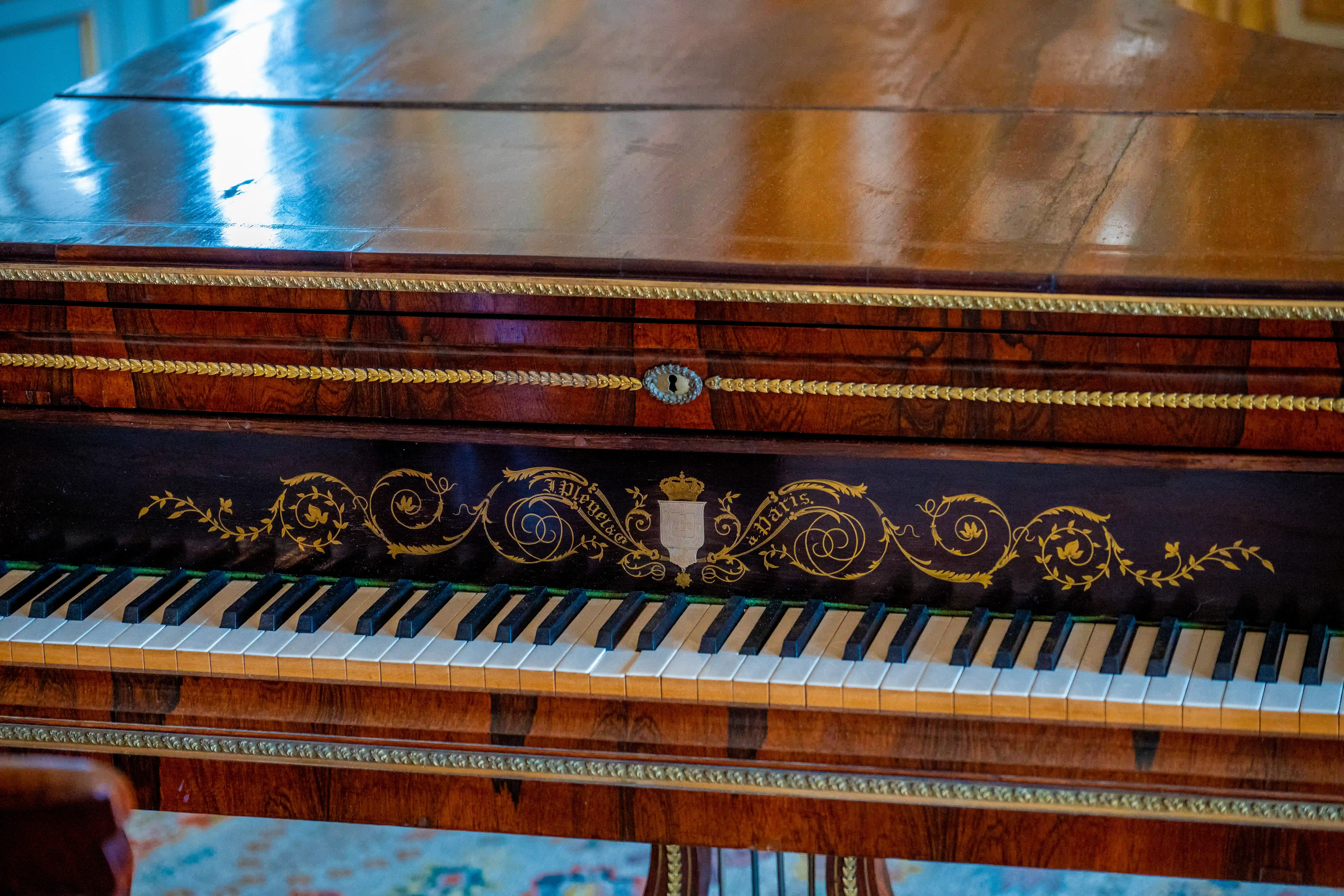 Close-up of the keyboard and lower section of a vintage grand piano. The dark wood casing is adorned with gold scrollwork, a shield crest topped with a crown, and the inscription 'A. Pleyel & Cie, Paris.' The white and black keys are visible in the foreground.