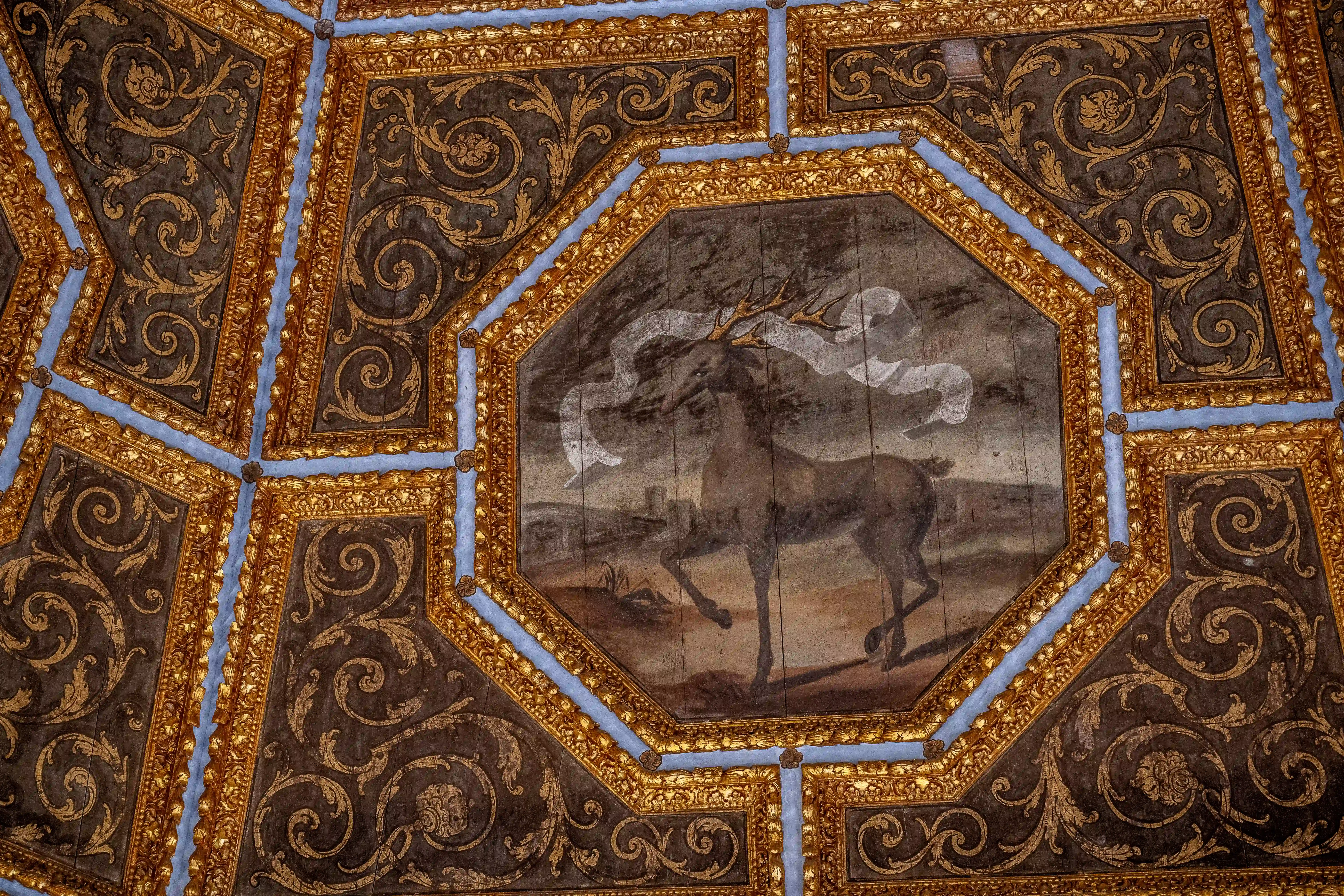 An ornate, gilded ceiling with a central octagonal painting of a stag. The surrounding panels are decorated with dark brown and gold scrollwork.