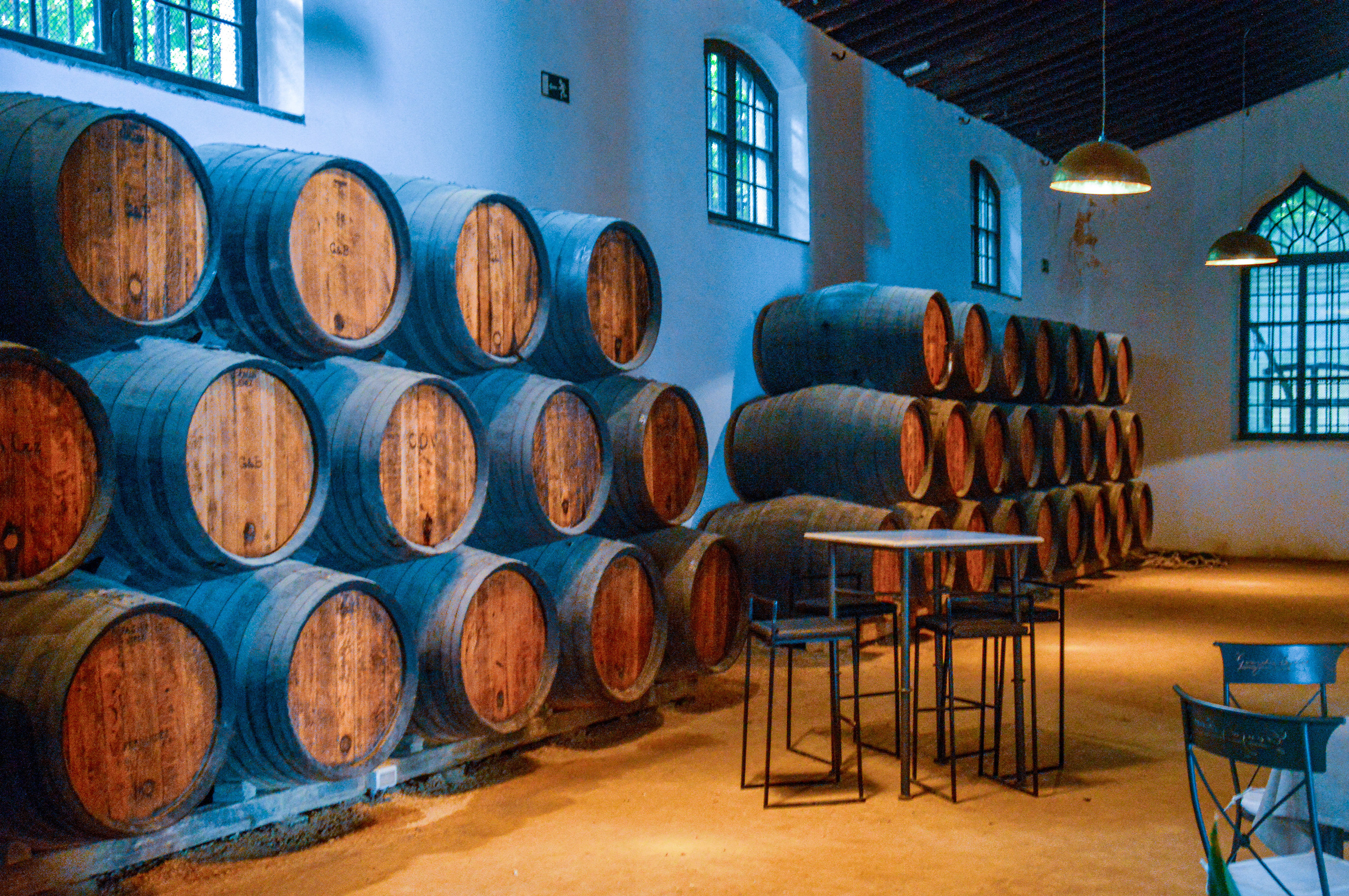 a storage room filled with stacks of wooden barrels