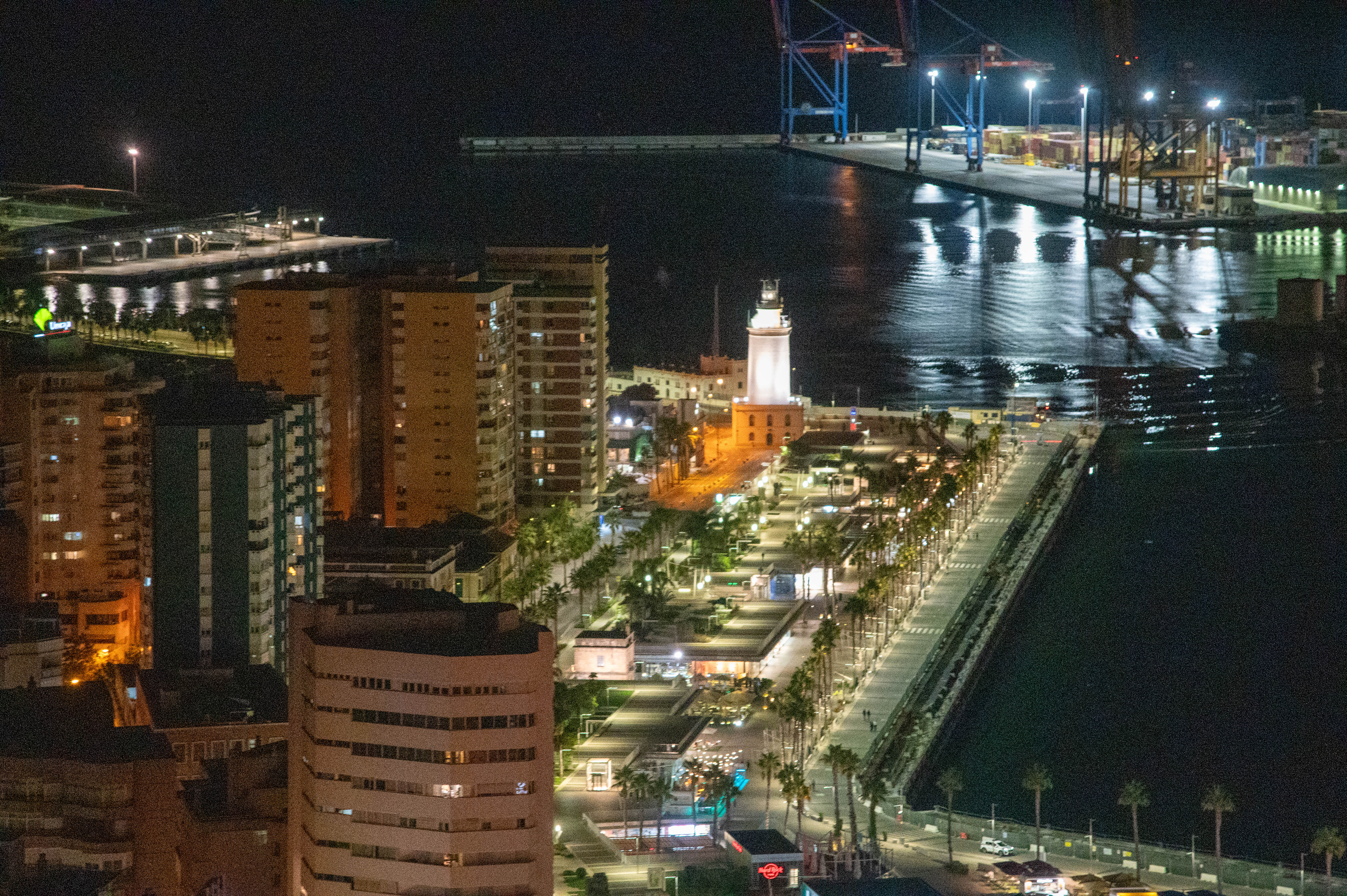 waterfront area with illuminated buildings