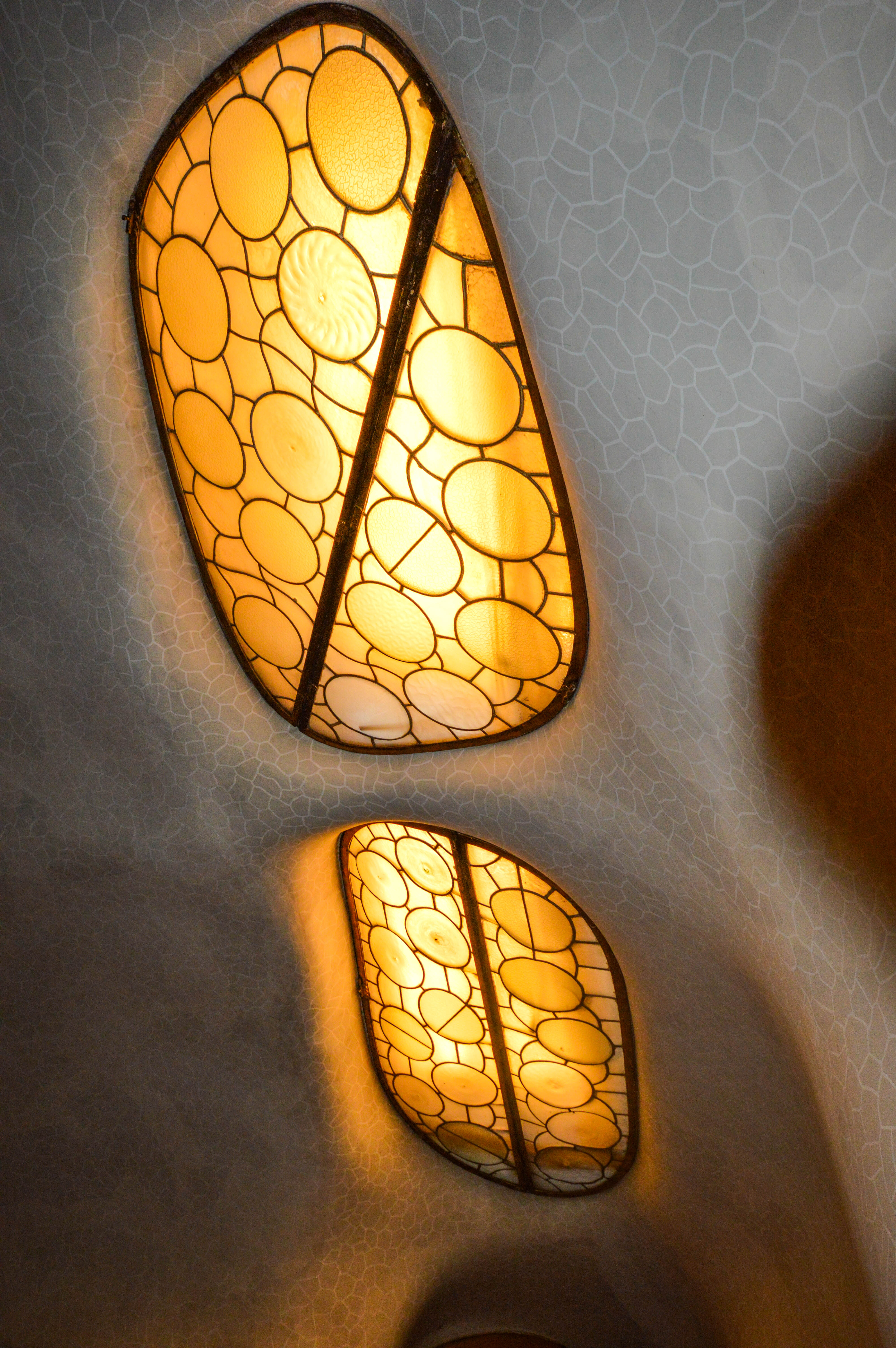 The image shows two stained glass lamps with a unique, organic design. The lamps are mounted on a textured, net-like surface. The design of the lamps features a pattern of overlapping circles and organic shapes, with a warm yellow light illuminating them from within.