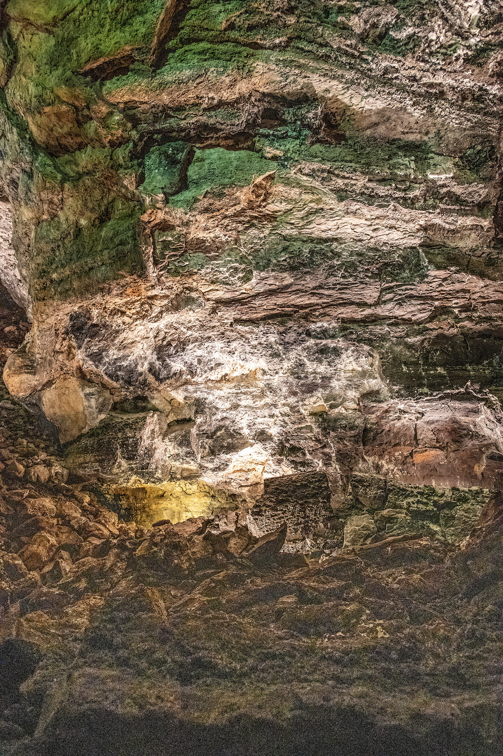 close-up view of a rocky surface with a mix of colors including green, brown, and white patches