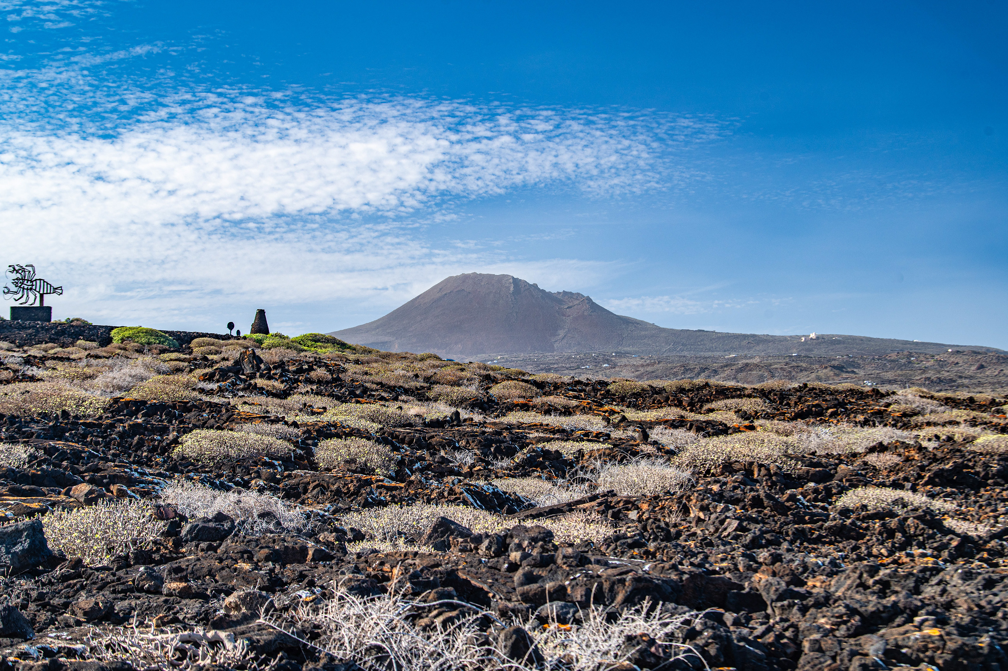 In the background, there is a prominent volcano