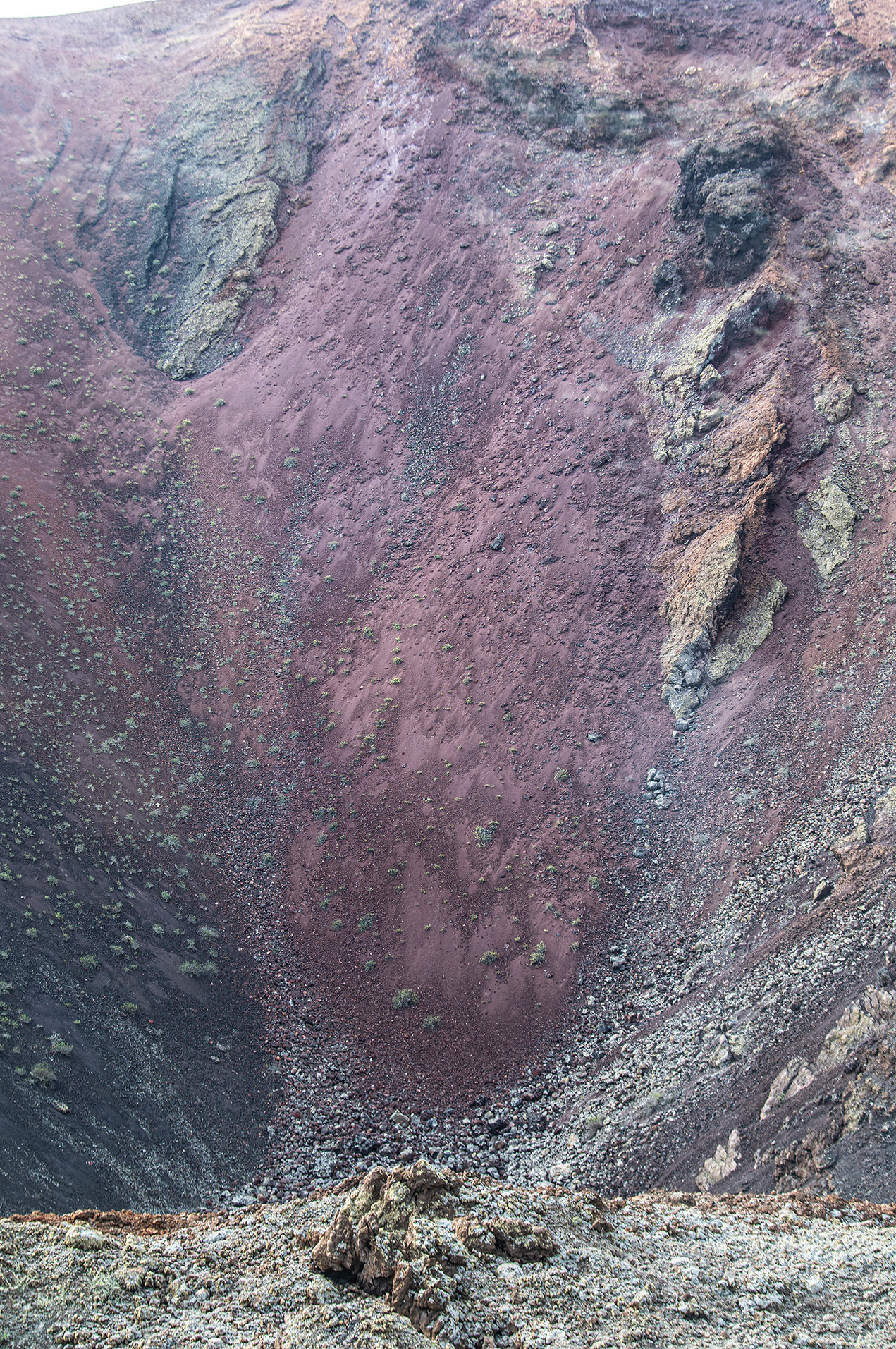 rocky surface with a mix of colors, primarily shades of purple, black, and green