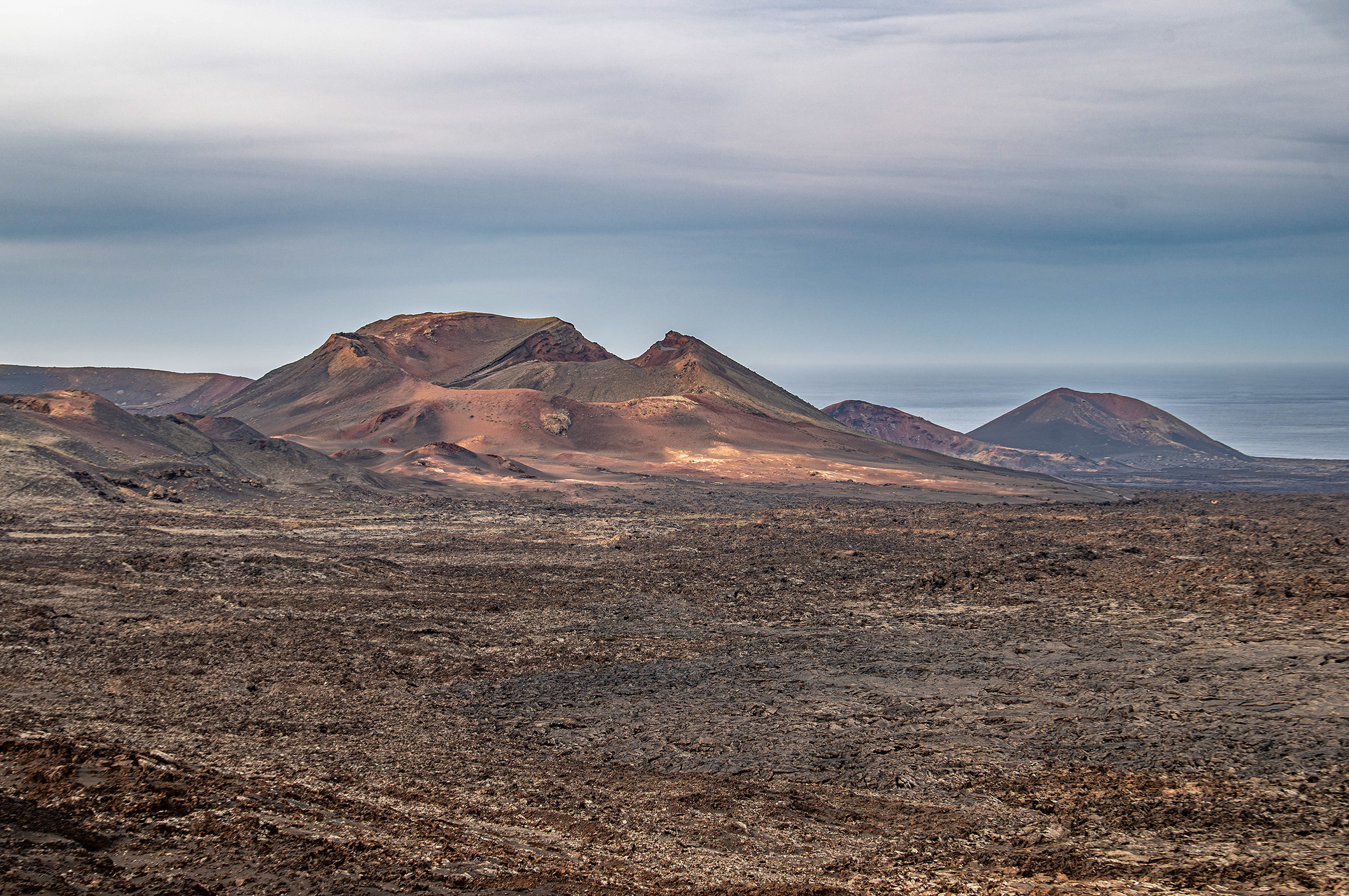 arid landscape with a range of volcanic mountains