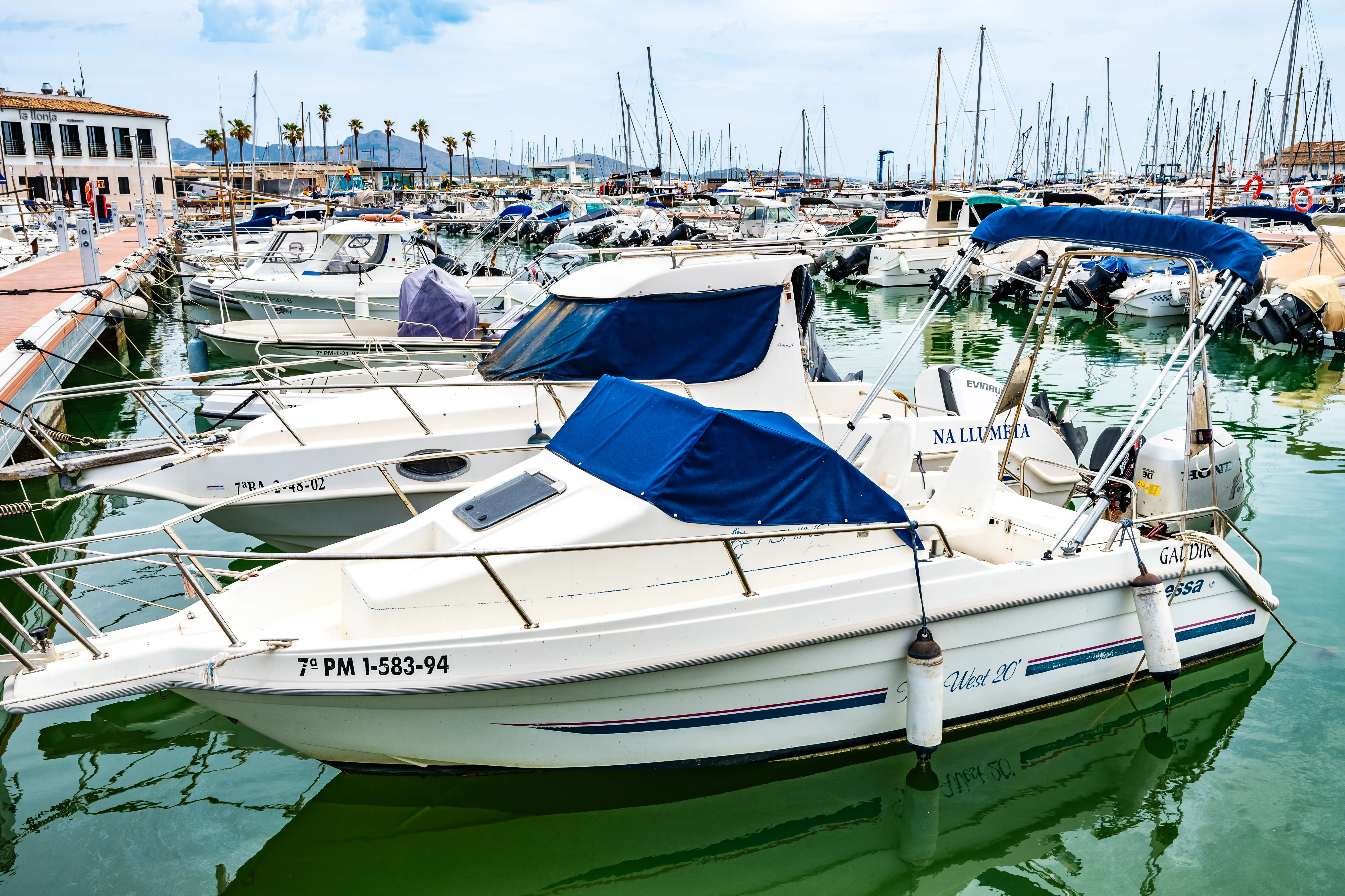 Several white motorboats are docked side-by-side in a marina. The foreground boat has the registration 