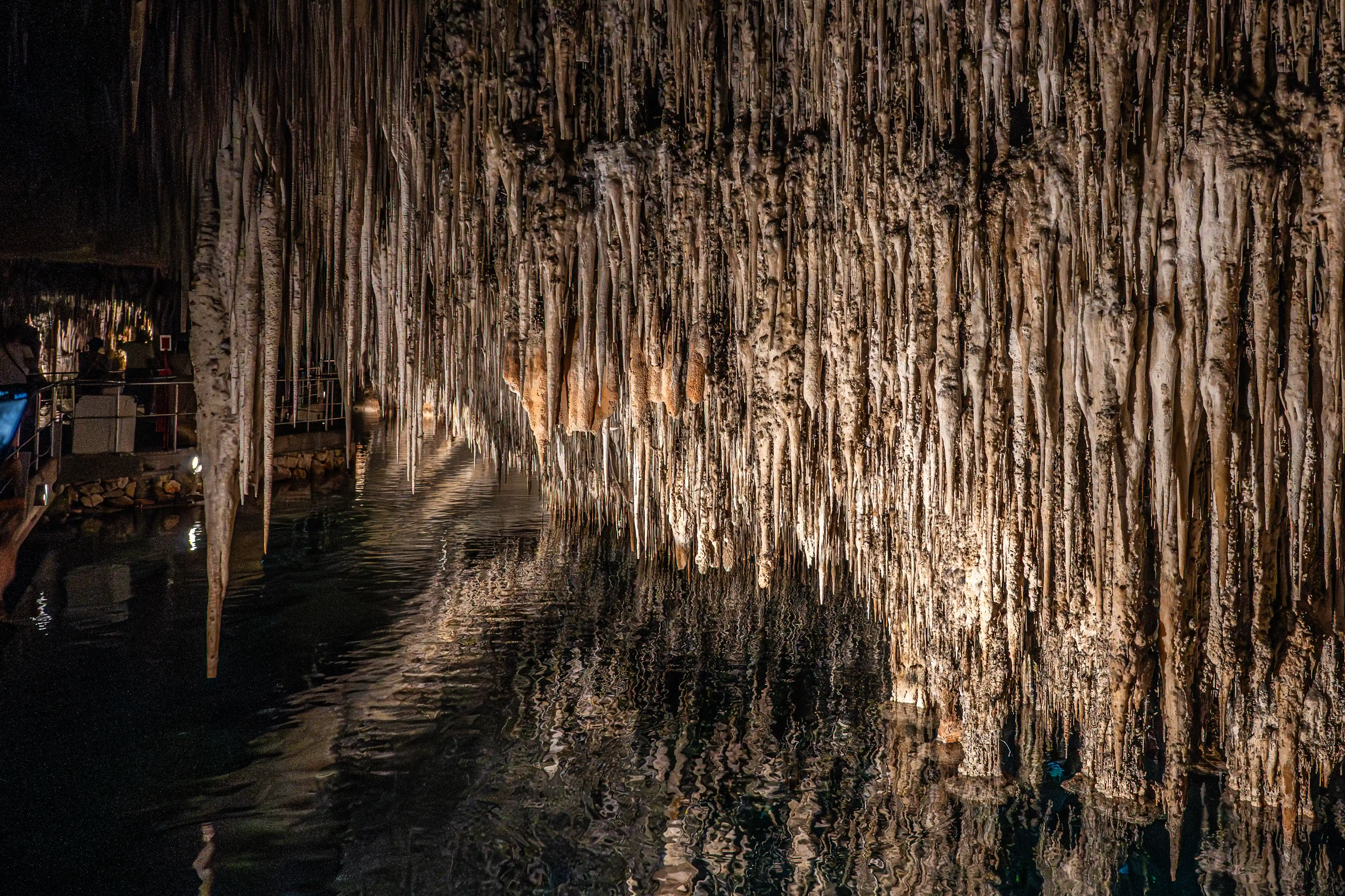 A cave ceiling covered in numerous long, hanging stalactites, reflected in the dark, still water of an underground lake.