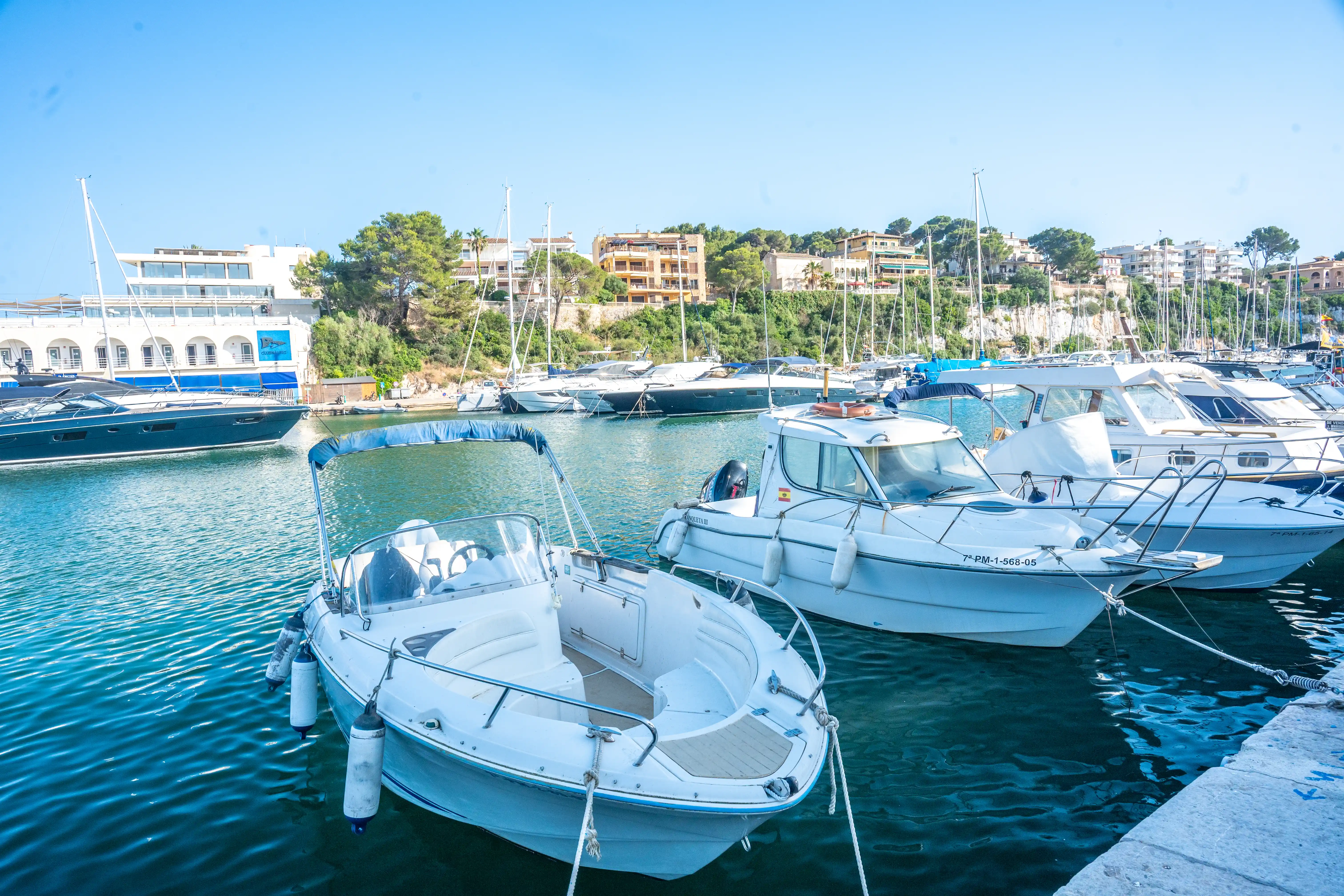 Several white motorboats are docked in a tranquil marina, with a larger dark yacht in the background and buildings on a tree-covered hill overlooking the water.