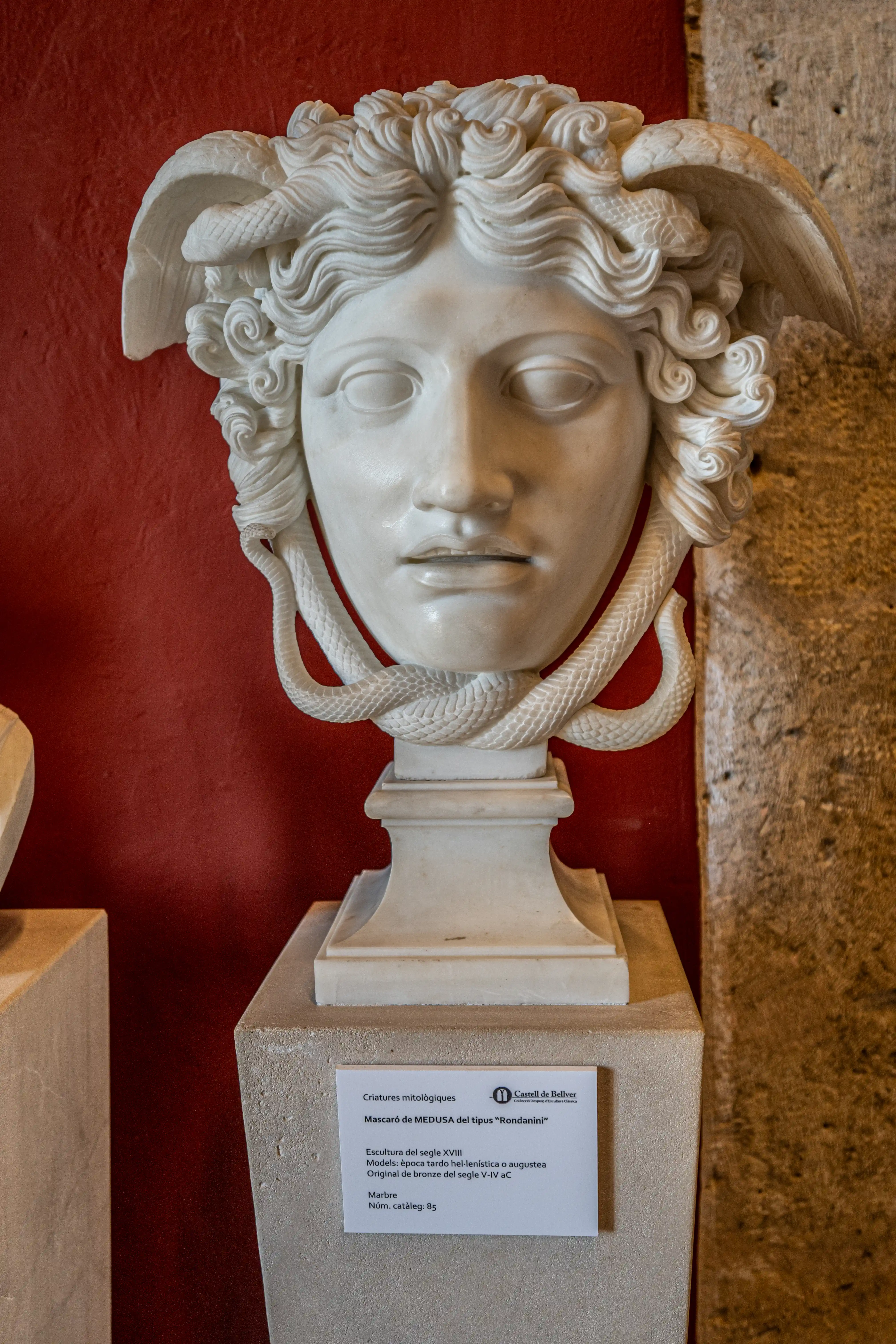 White marble bust of Medusa with snakes in her hair and around her neck, displayed against a red wall with a stone wall to the right.