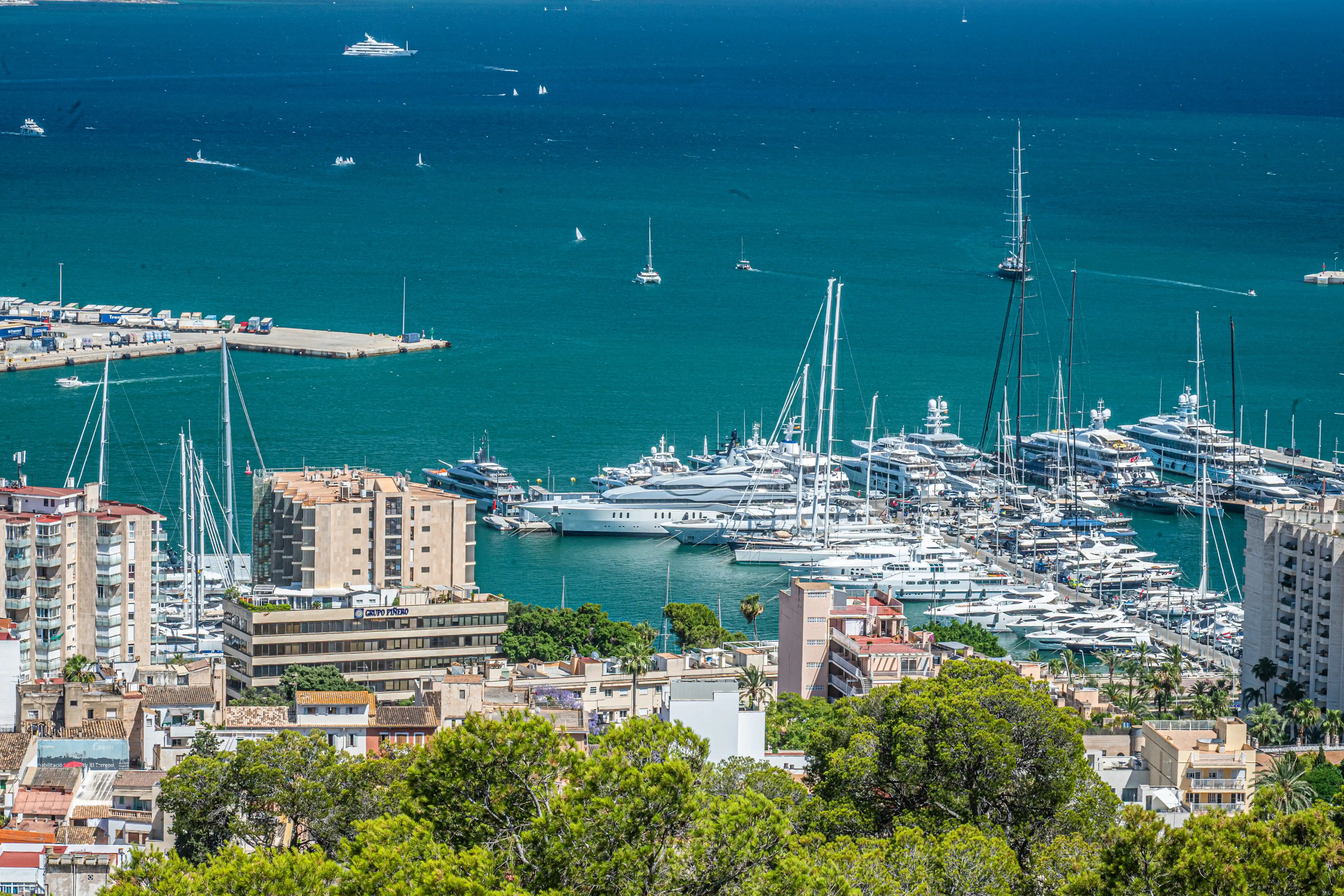 A panoramic view of a bustling harbour filled with numerous luxury yachts and sailing boats, set against the backdrop of a coastal city and the deep blue sea.