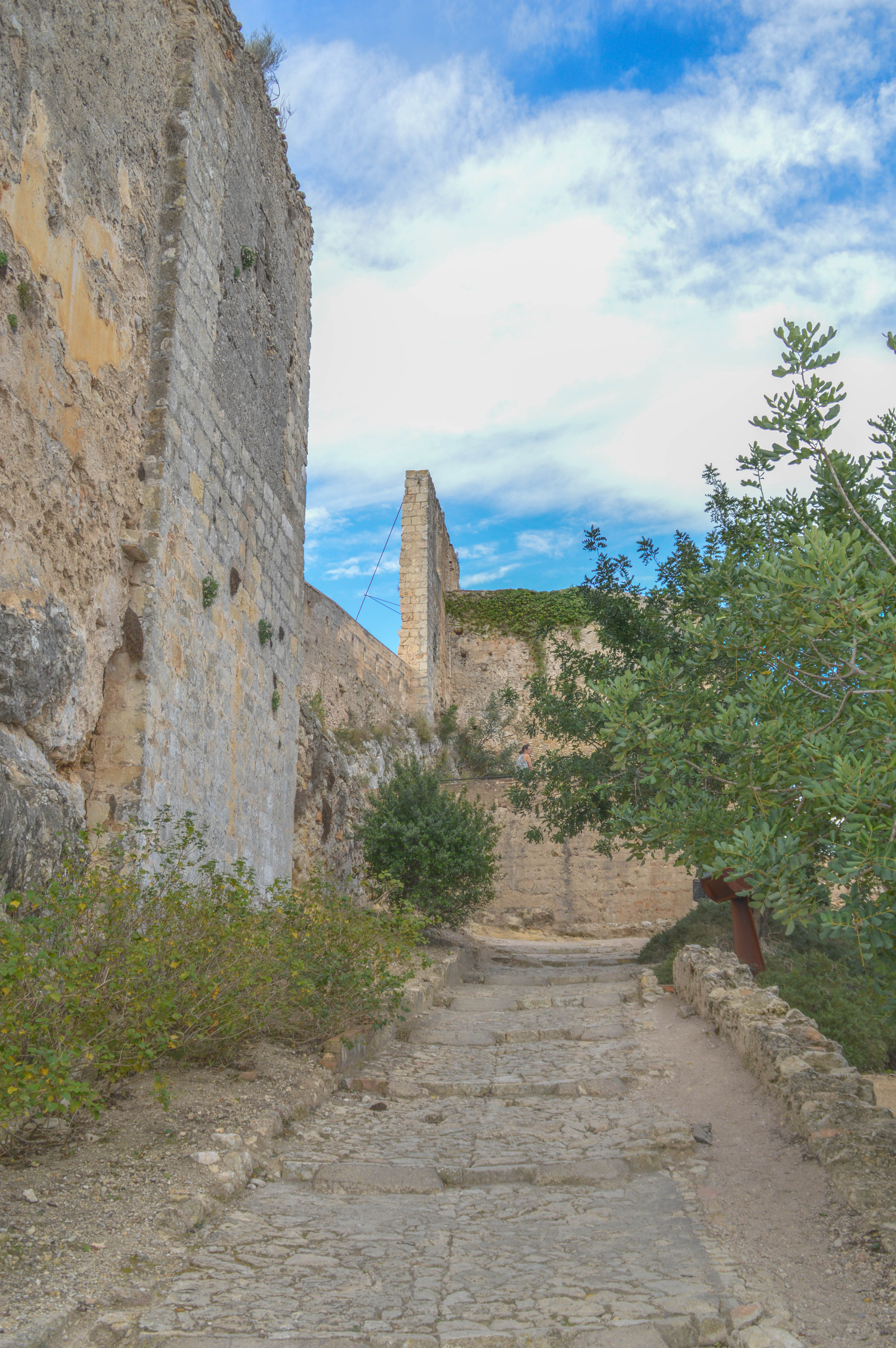 stone pathway leading up to a ruined structure