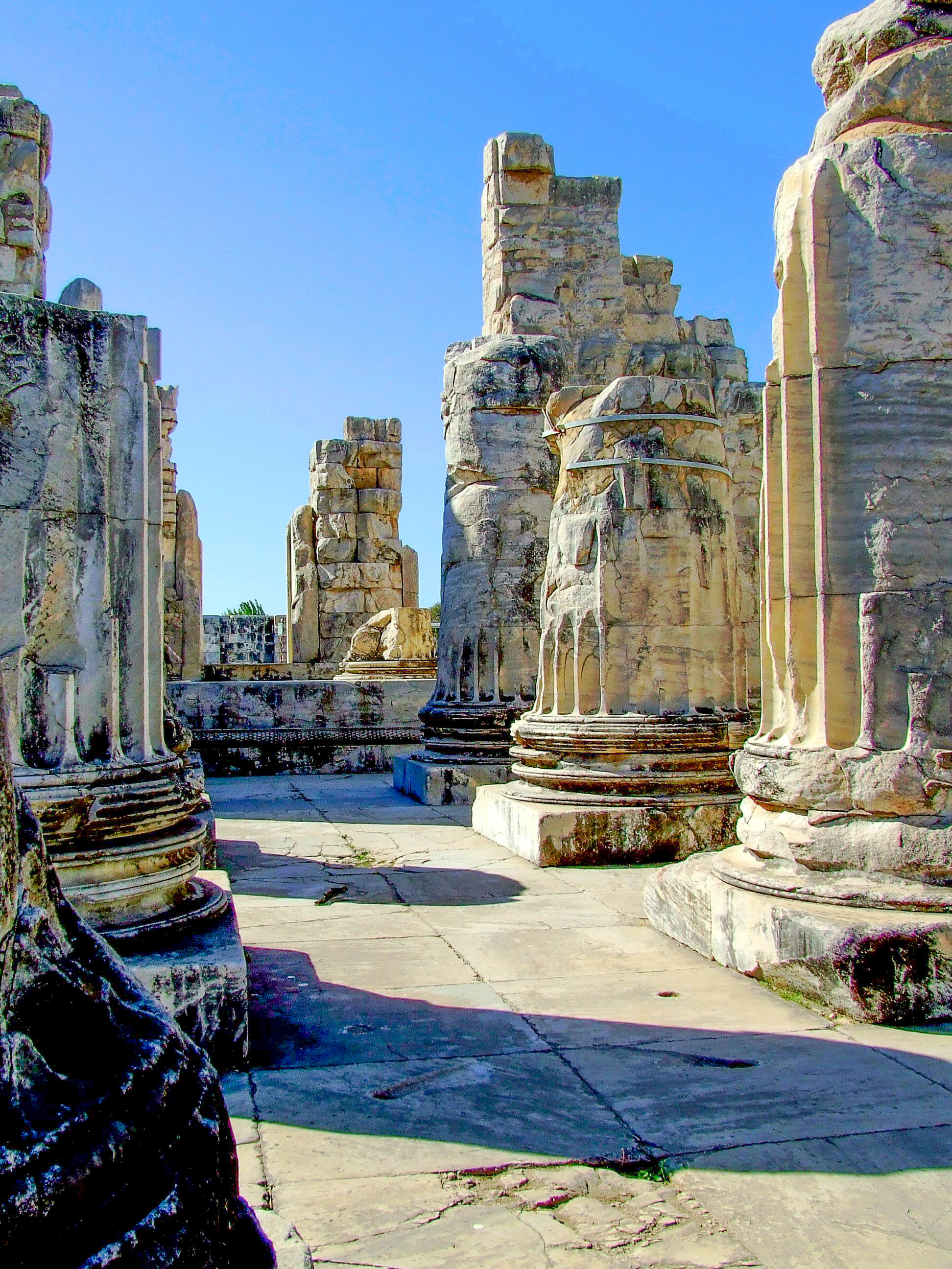The image depicts the ruins of an ancient stone structure, likely a temple or significant architectural site. The remnants include large, weathered columns and intricately carved stone figures, suggesting historical and cultural importance. The scene is set under a clear blue sky, highlighting the details of the stonework and the craftsmanship of the era.