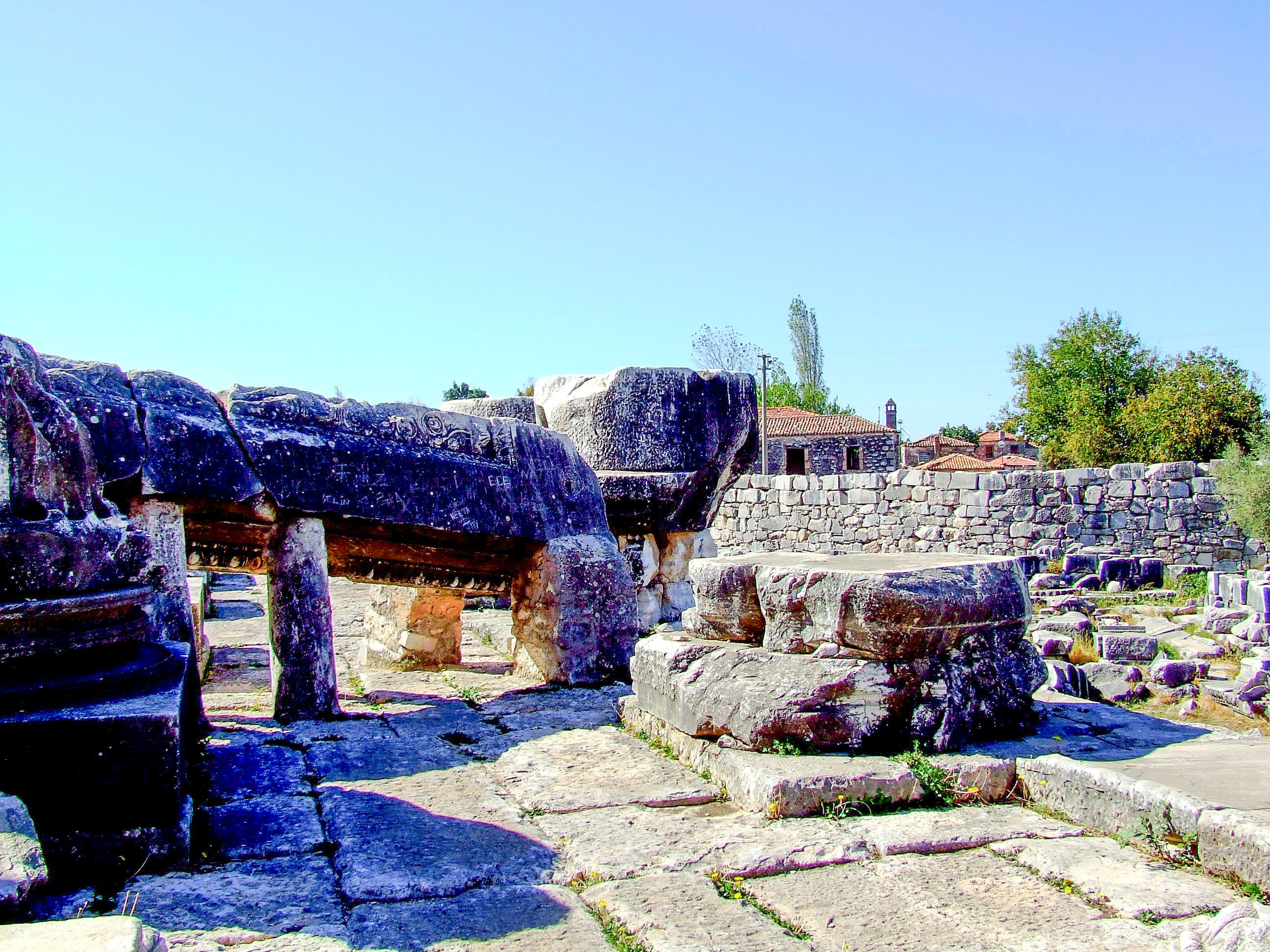 The image depicts an ancient archaeological site with large stone structures, possibly tombs or monuments, under a clear blue sky. The site features intricately carved stone elements and is surrounded by a stone wall. In the background, there are a few buildings with red-tiled roofs and some trees, indicating a blend of natural and man-made elements.