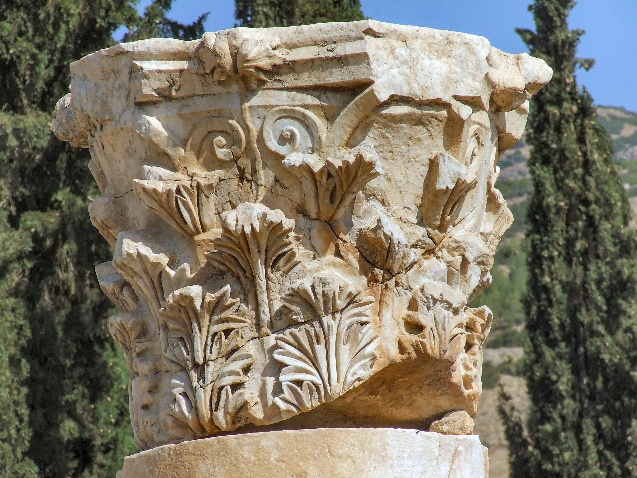 The image depicts an ancient, weathered stone capital, likely from a column, featuring intricate carvings of acanthus leaves and volutes characteristic of Corinthian architecture. The stone is set against a backdrop of green trees and a distant landscape, suggesting it is part of a ruin in a natural setting.