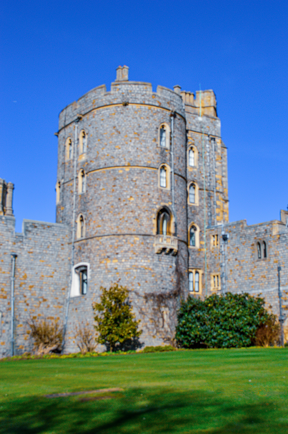 The image depicts a section of a historic castle with a prominent cylindrical tower. The tower is constructed from stone and features several narrow, arched windows. The structure is adorned with battlements at the top, indicative of medieval architecture. The tower is surrounded by well-maintained greenery, including bushes and a grassy lawn. The sky above is clear and blue, suggesting a bright, sunny day.