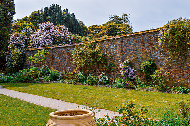 The image depicts a serene garden scene with a brick wall in the background, lush greenery, and a variety of flowering plants. A paved pathway runs through the garden, leading to a large terracotta planter in the foreground. The garden is bordered by tall trees and dense foliage, creating a tranquil and picturesque setting.