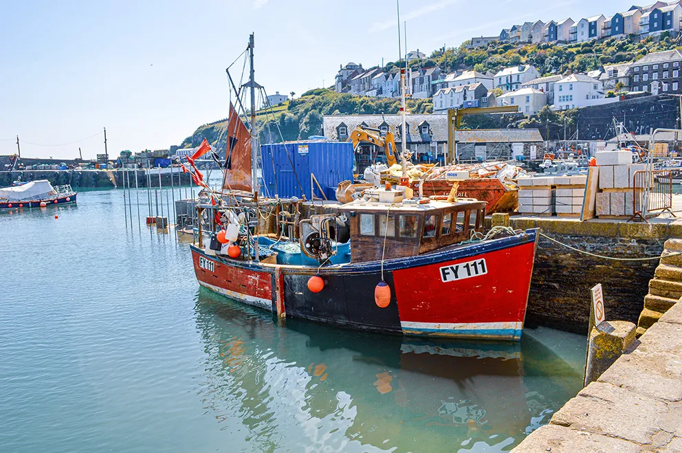 The image depicts a small harbor scene with a red and black boat docked at a pier. The boat, marked with the registration number FY 111, appears to be a fishing vessel. The harbor is surrounded by a quaint village with houses built on a hillside. The water is calm, and the weather seems clear, suggesting a peaceful day at the harbor.