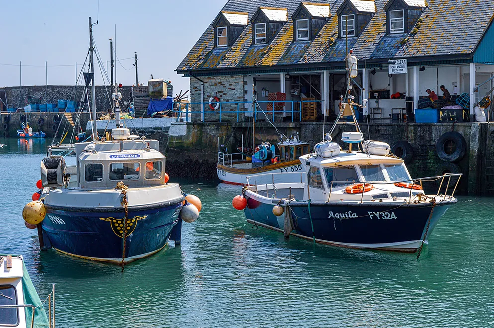 The image depicts a picturesque harbor scene with several boats docked at a pier. The boats vary in size and design, with names and registration numbers visible on their hulls. The pier is lined with buildings that appear to be part of a fishing or boating community, featuring colorful, weathered structures with tiled roofs. The water is calm, reflecting the boats and the buildings, creating a serene and inviting atmosphere.
