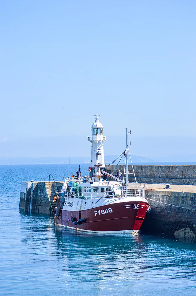 The image shows a red and white fishing boat docked at a harbor. The boat has the registration number FY848. In the background, there is a lighthouse and a stone pier. The sea is calm, and the sky is clear, indicating good weather.