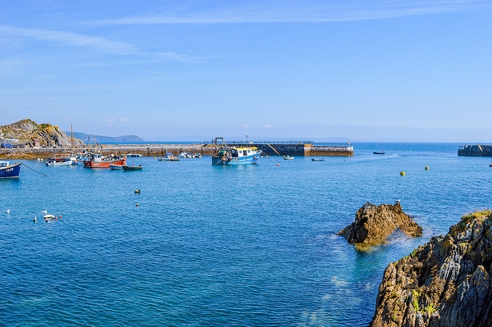 The image depicts a serene coastal scene with a harbor filled with various boats. The water is calm and clear, reflecting the blue sky above. There are rocky outcrops in the foreground and a pier extending into the water. The overall atmosphere is peaceful and picturesque, typical of a quiet harbor on a clear day.