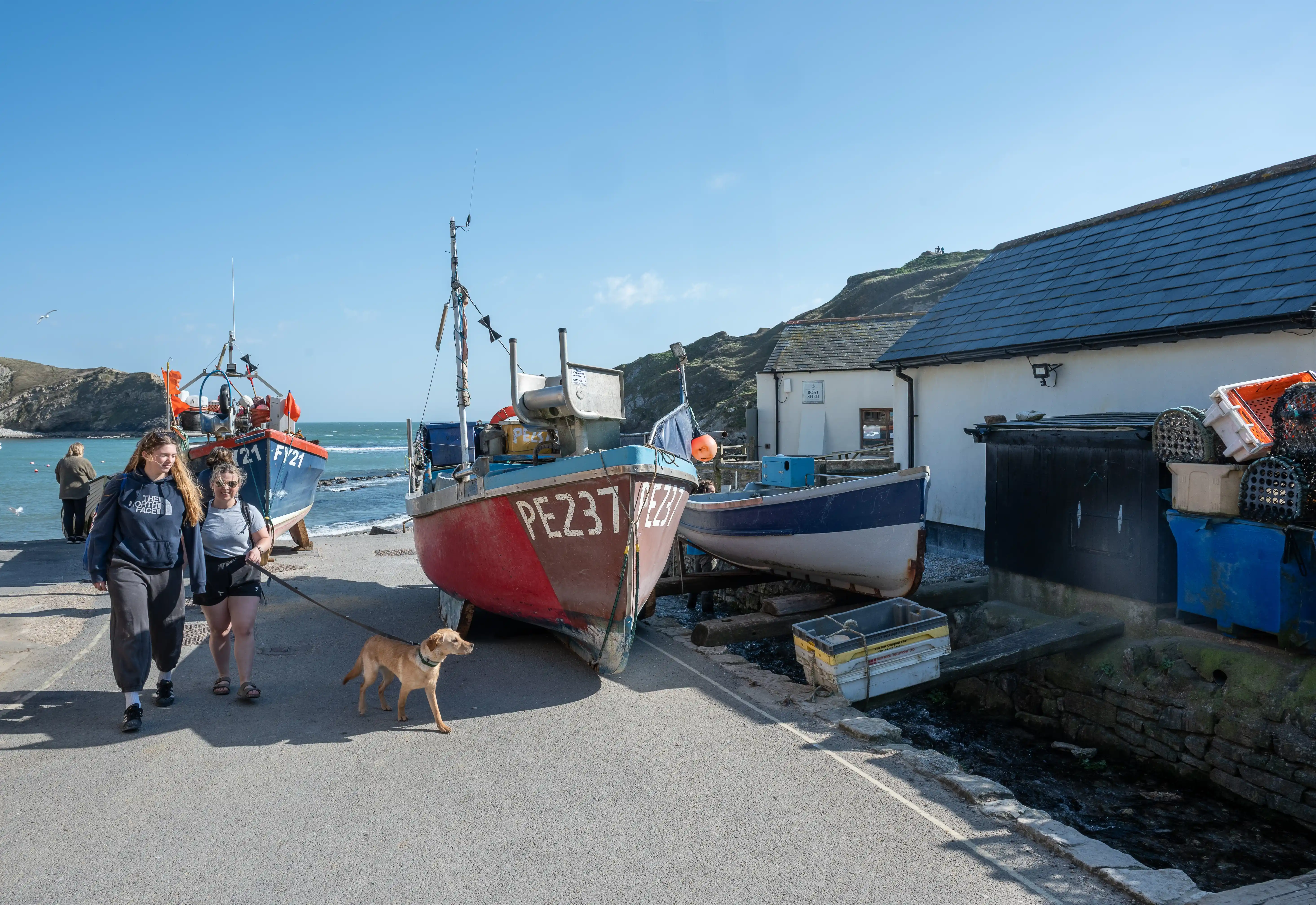 The image depicts a coastal scene with two women walking a dog near several fishing boats docked at a small harbor. The boats are positioned in front of a white building with a dark roof, and the background features a rocky coastline and the sea under a clear blue sky. The area appears to be a quiet, possibly rural fishing village.