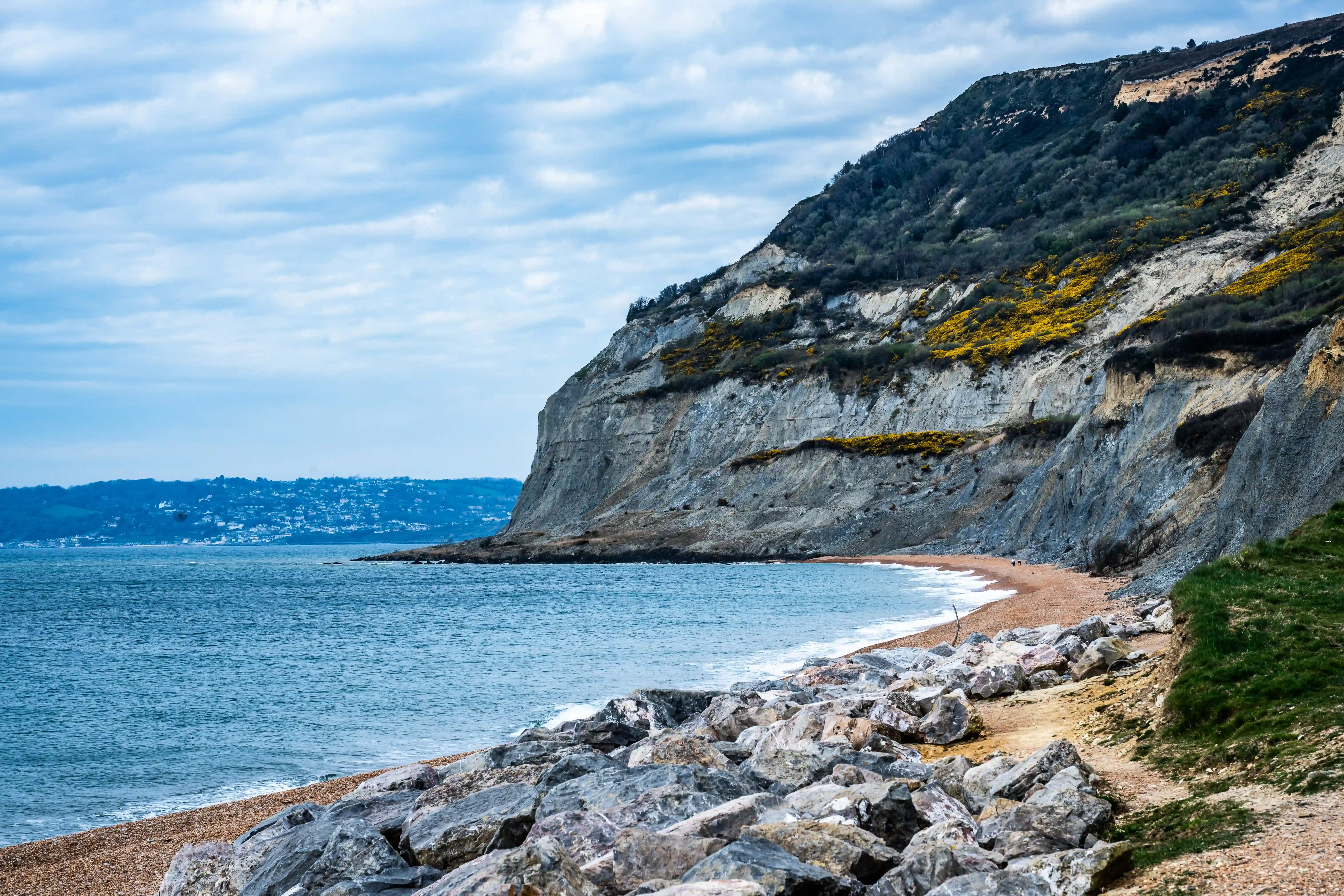 The image depicts a coastal landscape featuring a rocky beach with a mixture of pebbles and sand. The coastline is bordered by steep, rugged cliffs covered with patches of greenery and yellow flowers. The sea is calm, with gentle waves lapping against the shore. In the distance, the coastline extends into the horizon, with more cliffs and possibly some buildings visible. The sky is partly cloudy, suggesting a mild weather day.