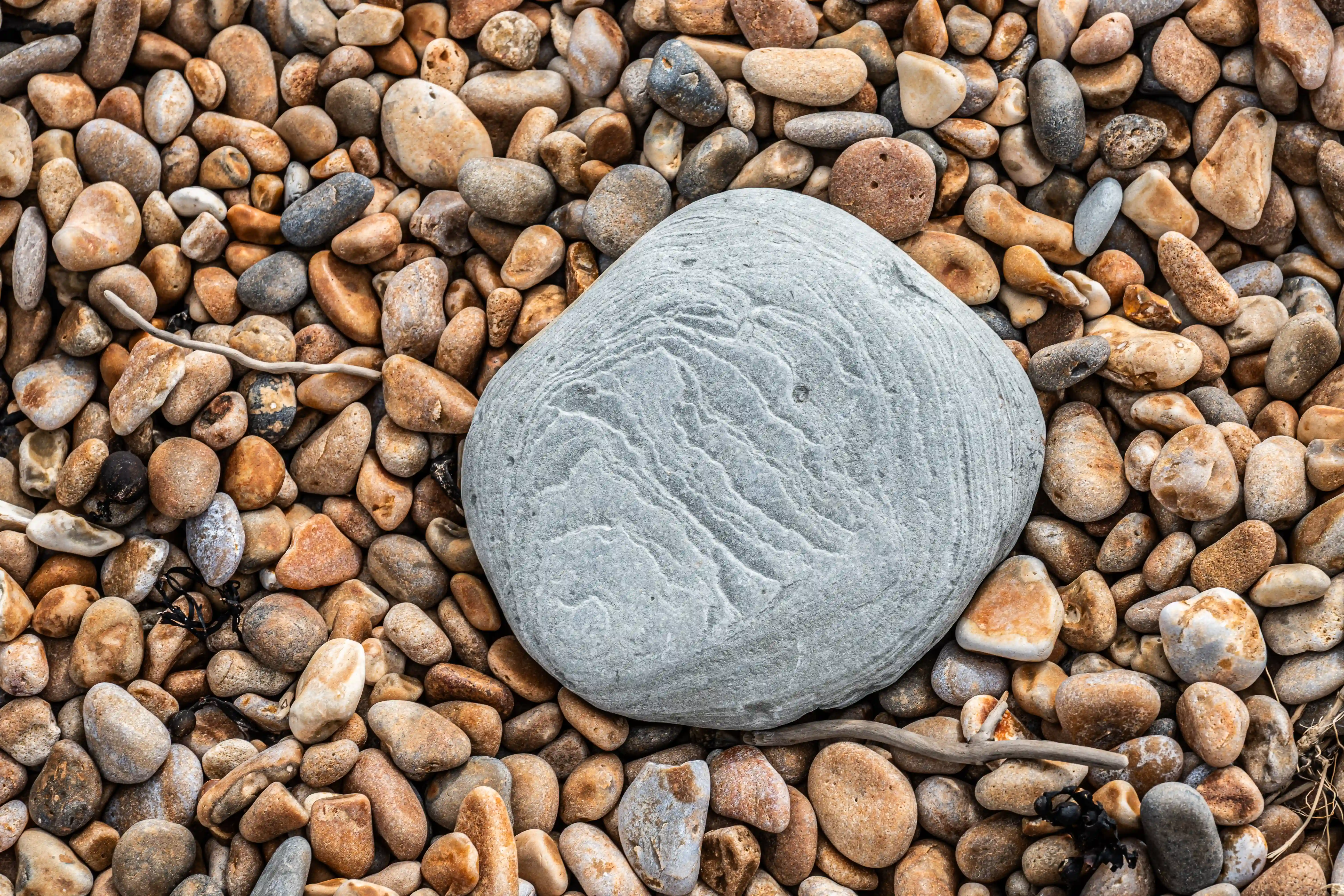 The image shows a collection of variously sized and colored pebbles, with a single, large, smooth, grey rock prominently placed in the center. The surrounding pebbles are a mix of earthy tones, including shades of brown, beige, and grey, and are of varying shapes and sizes. The overall scene suggests a natural setting, possibly a beach or a riverbed.
