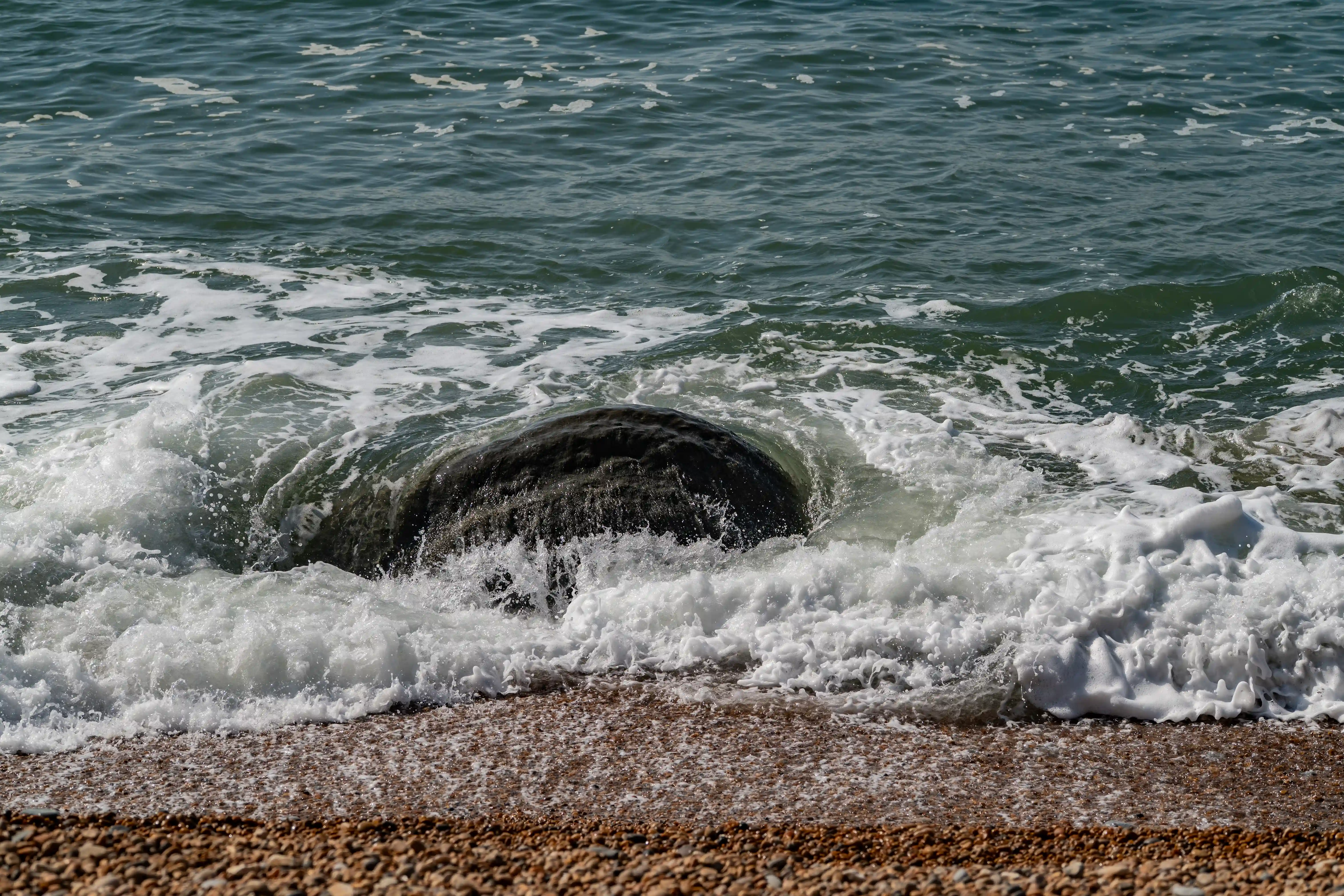 The image depicts a large, dark rock situated near the shore, with waves crashing around it. The rock is partially submerged in the water, and the waves create a dynamic and frothy scene. The foreground shows a pebbled beach, while the background features the greenish-blue ocean with white foam forming on the wave crests.