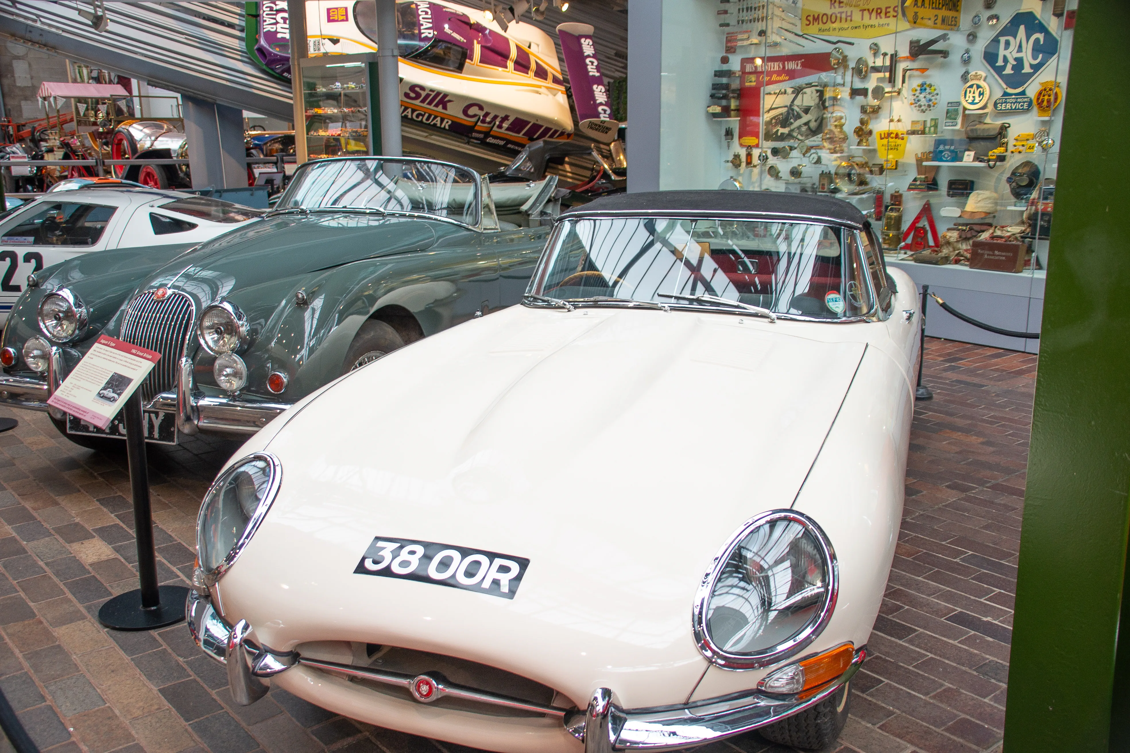 The image shows a classic car exhibit in a museum. The foreground features a white Jaguar E-Type with the registration number 38 OOR, showcasing its sleek design and iconic headlights. Behind it, a dark green Jaguar XK is visible, highlighting its distinctive grille and round headlights. The background includes various automotive memorabilia and signs, adding to the vintage atmosphere of the display.