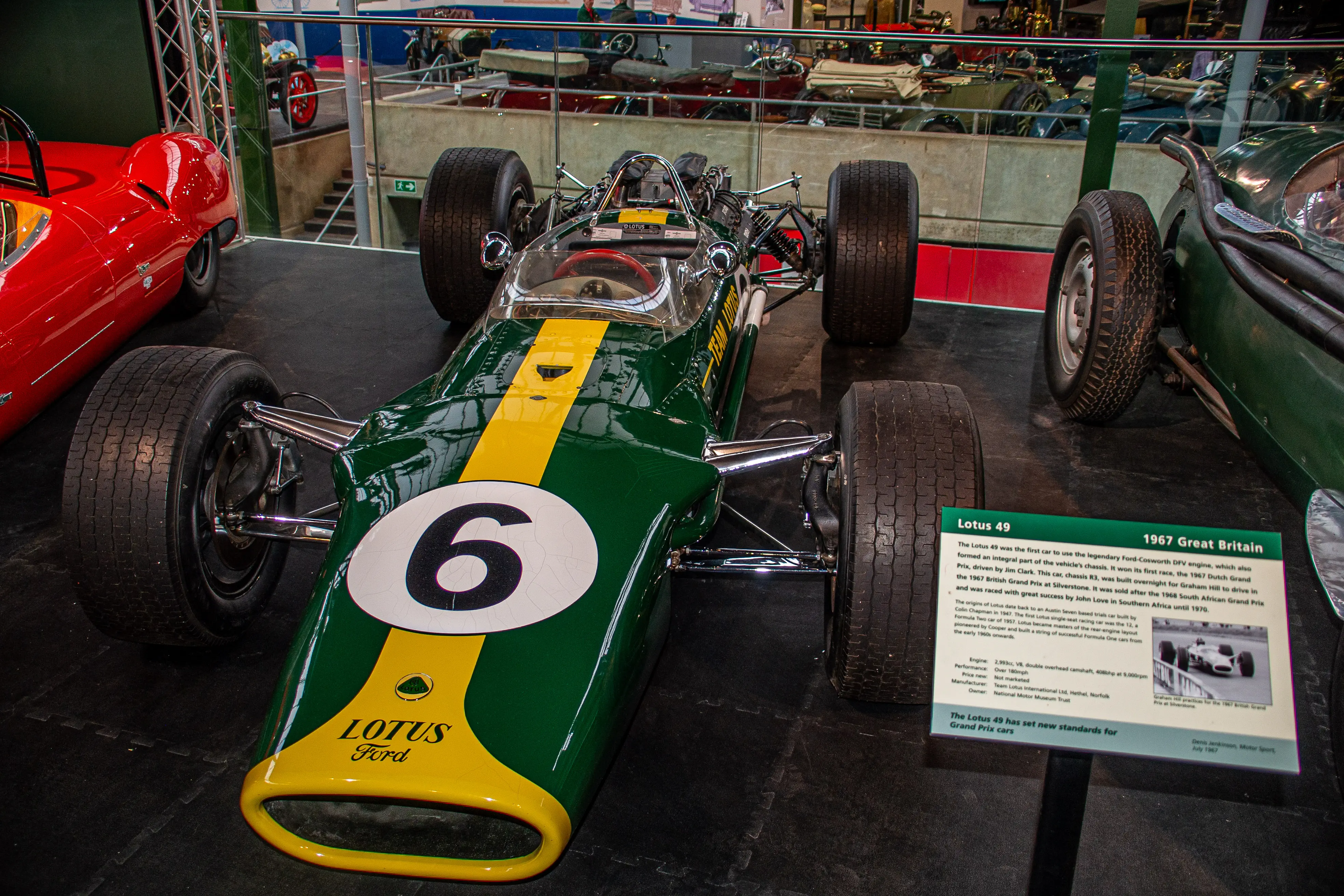 The Lotus 49, introduced in 1967, was a pioneering Formula One racing car designed by Colin Chapman and Mike Costin. It was notable for being the first car to use the Ford-Cosworth DFV engine as a stressed member of the chassis. The Lotus 49 achieved significant success, winning multiple races including the 1967 British Grand Prix with Jim Clark and the 1968 Dutch Grand Prix with Graham Hill. The car continued to be competitive until 1970, driven by John Love in South African races. The Lotus 49 set new standards for Grand Prix cars, featuring a lightweight design and innovative engineering.