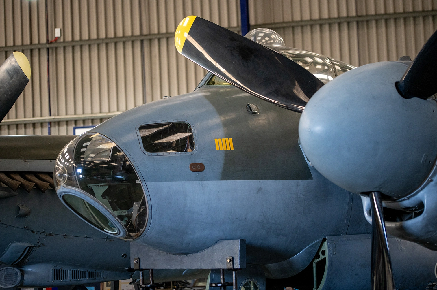 The image shows a close-up view of an aircraft, likely a vintage military plane, housed in a hangar. The aircraft's nose, engine, and propellers are prominently visible. The plane's body is painted in a matte grey color, with some yellow markings. The setting appears to be a museum or an aviation exhibition.