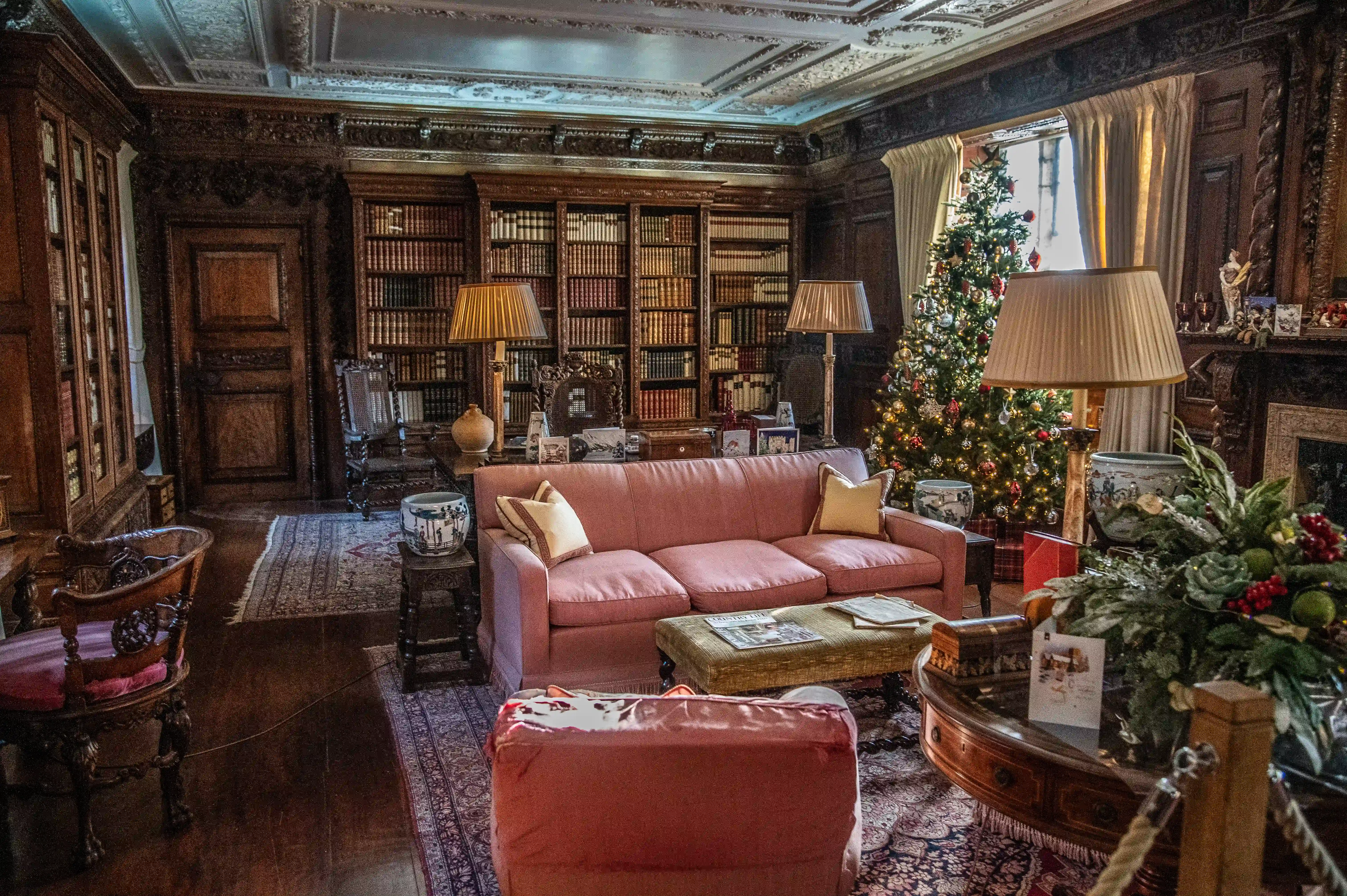 A luxurious library interior, complete with dark wood panelling, floor-to-ceiling bookshelves, a pink sofa, and a decorated Christmas tree visible through a large window.