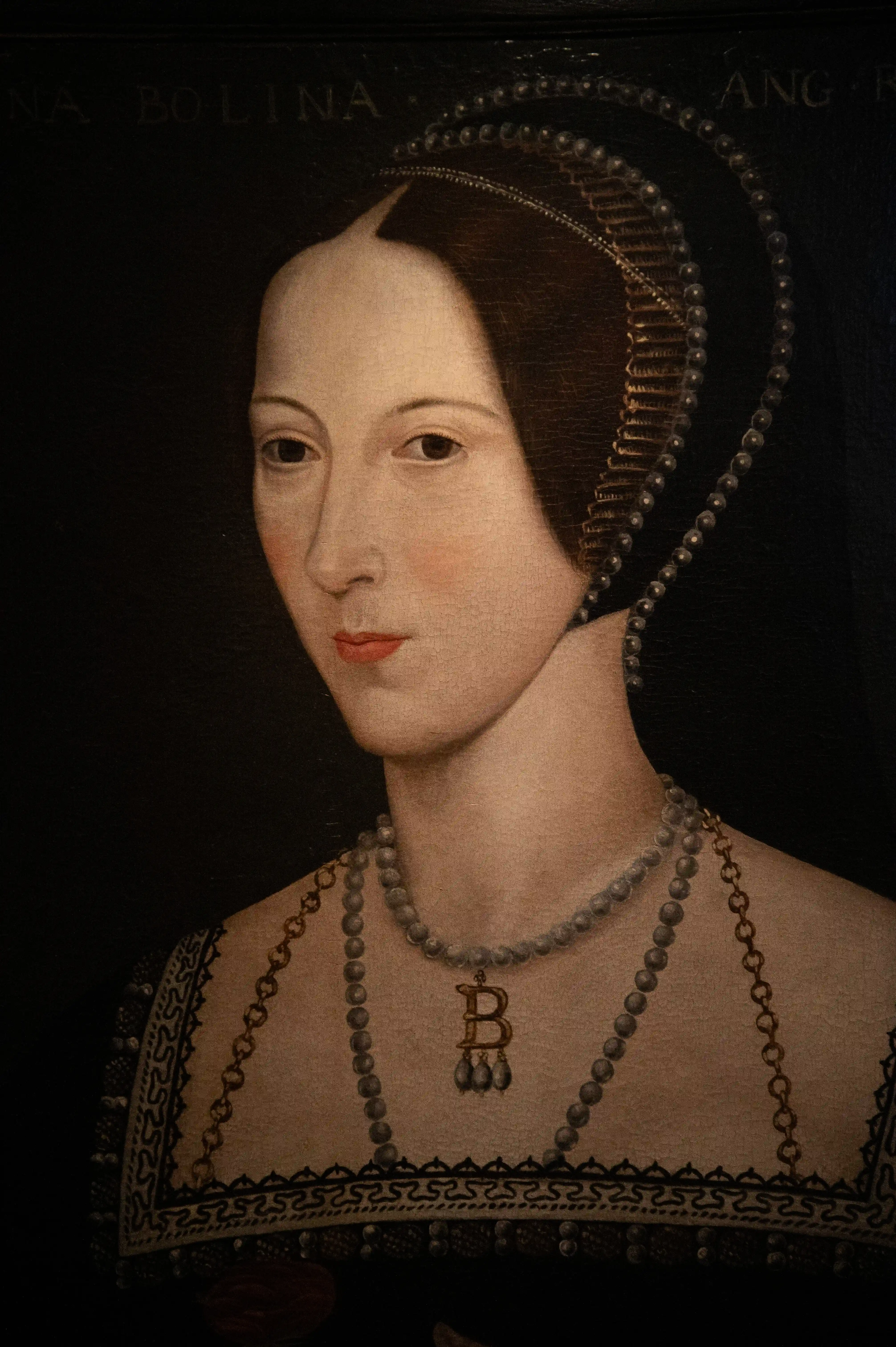 A painting of Anne Boleyn, facing left in profile, with a dark background. She wears a Tudor headdress adorned with pearls and a pearl necklace featuring a 'B' pendant.