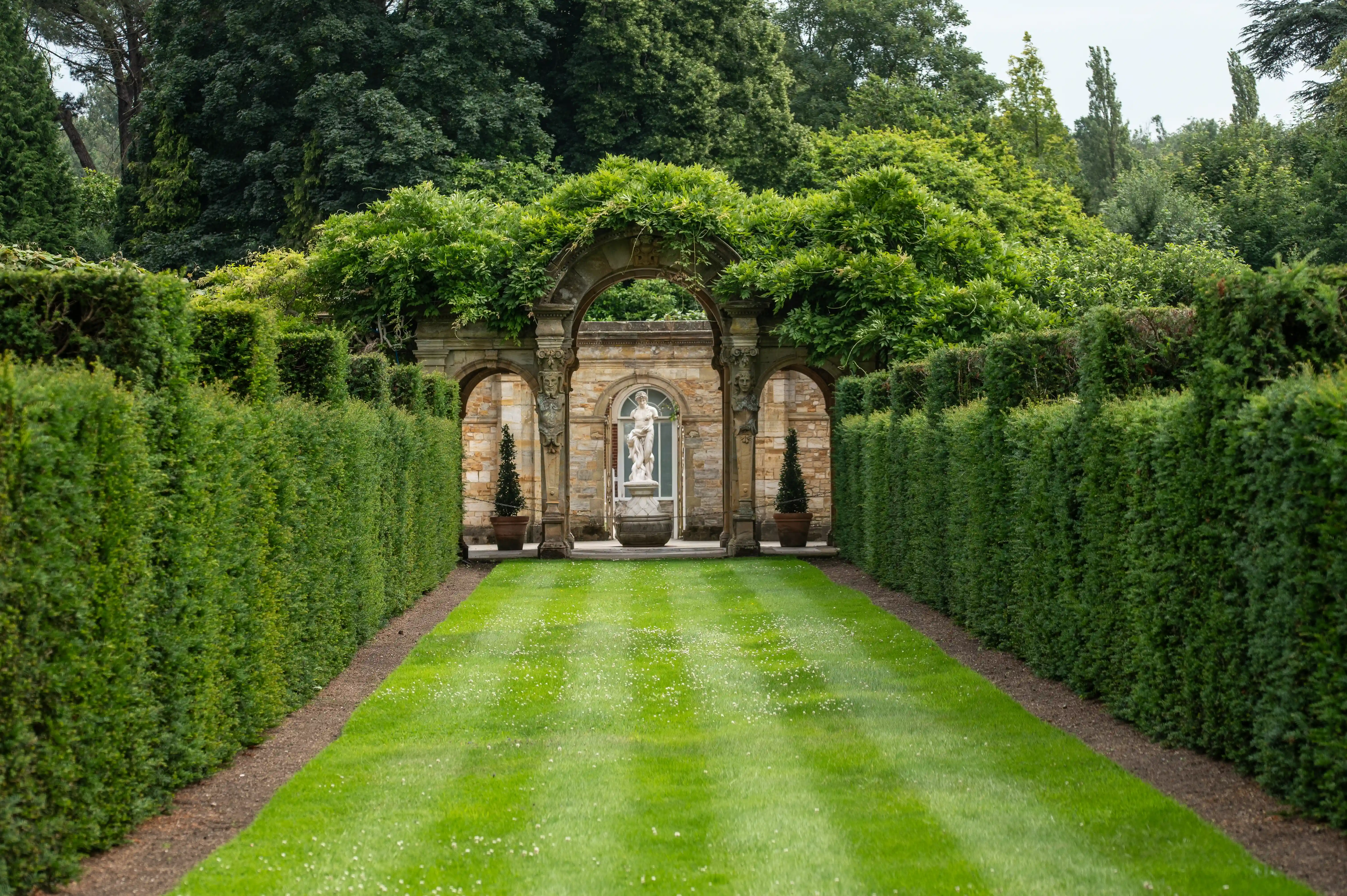 A formal garden with a mown lawn and high green hedges leading to an arched stone structure housing a classical white statue, framed by trees.
