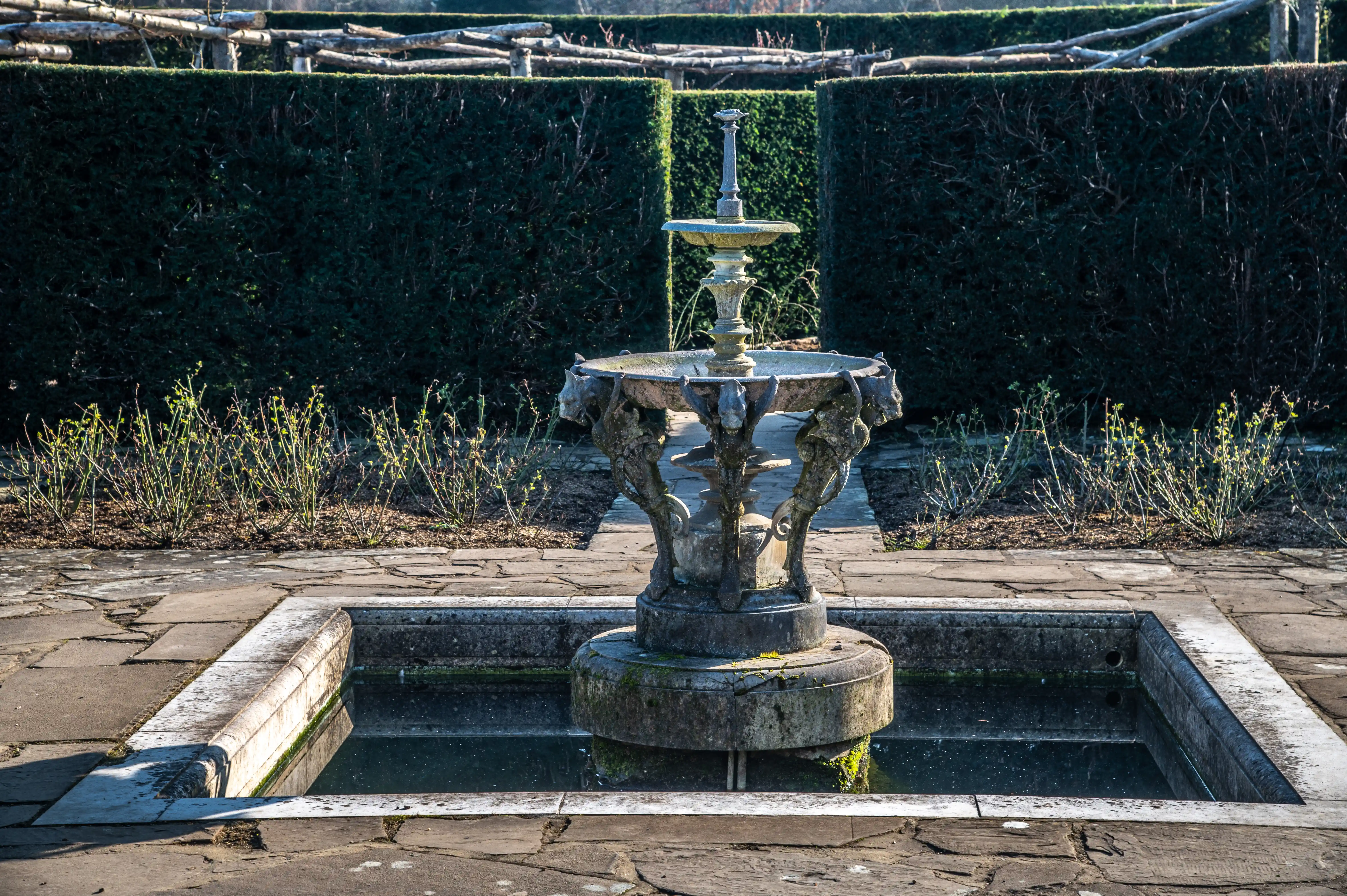 A weathered stone fountain with decorative supports sits in a rectangular pool in a formal garden with manicured hedges and bare bushes.