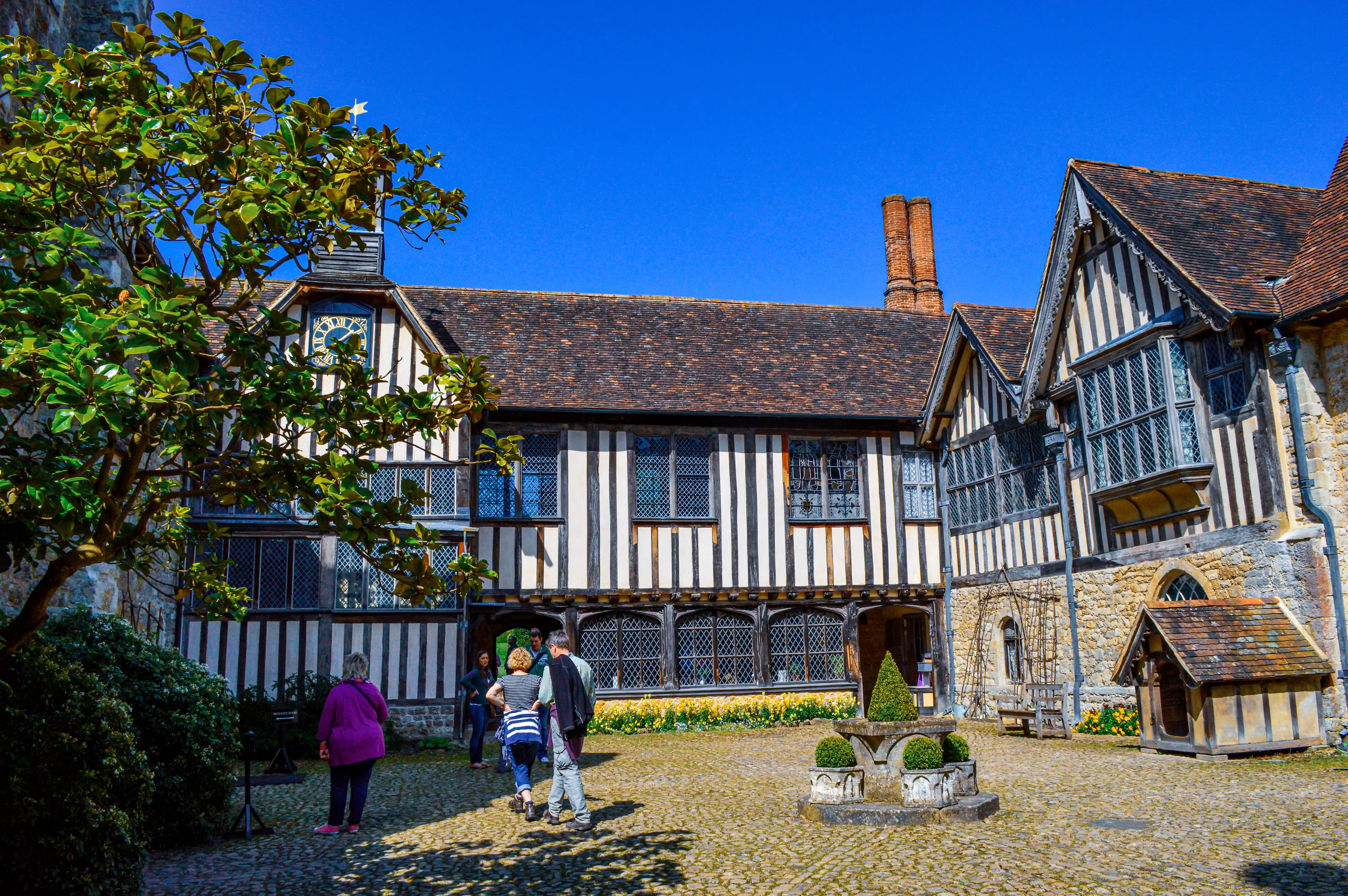 A sunlit courtyard of a historic timber-framed building, with visitors walking on cobblestones, a large green tree, and a stone fountain.