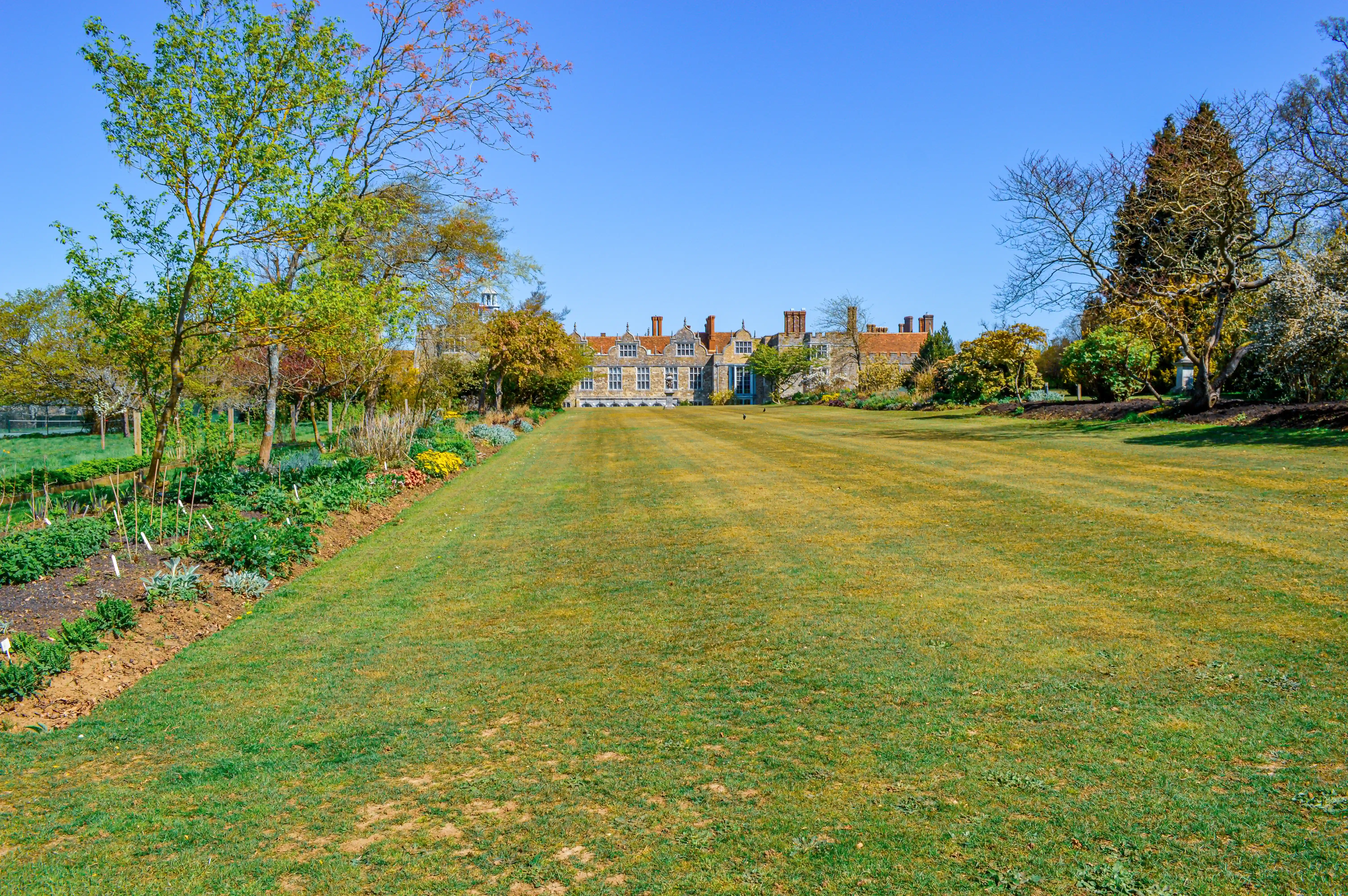 Wide shot of a large, traditional stone manor house with multiple chimneys and rows of windows, viewed across a vast, green, slightly yellowed lawn. To the left, a terraced flowerbed is filled with diverse, colourful plants and flowers. Trees with emerging green and red leaves, and bare branches, flank the lawn and grounds. The sky is a clear, bright blue.