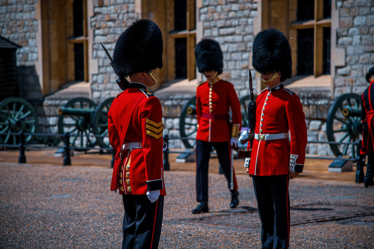 The image depicts a group of individuals dressed in traditional red military uniforms with black bearskin hats, commonly associated with ceremonial guards such as the Queen's Guard in the United Kingdom. They are standing in a courtyard with historical cannons in the background, suggesting a setting like a castle or a historical fort. The guards appear to be engaged in a formal duty or ceremony, showcasing their distinctive attire and disciplined posture.