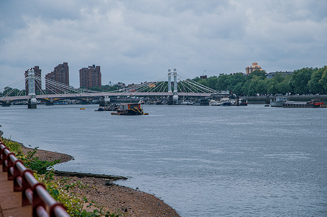 The image depicts a bridge spanning a river, with buildings and greenery in the background. The bridge appears to be a suspension bridge with tall towers and cables. There are boats on the river, and the weather seems overcast. The foreground shows a riverbank with some vegetation and a metal railing.