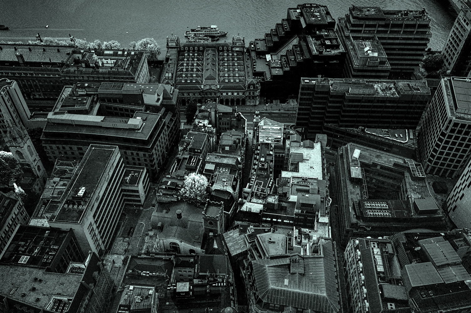 The image depicts an aerial view of a densely built urban area, likely a city center, with a mix of modern and older architecture. The buildings are closely packed, creating a grid-like pattern of streets. A notable feature is a large, historic-looking building near the waterfront, possibly a hotel or a significant public building. There is a body of water adjacent to the city, with a large ship docked at the waterfront. The overall scene is captured in black and white, emphasizing the contrast and details of the urban landscape.